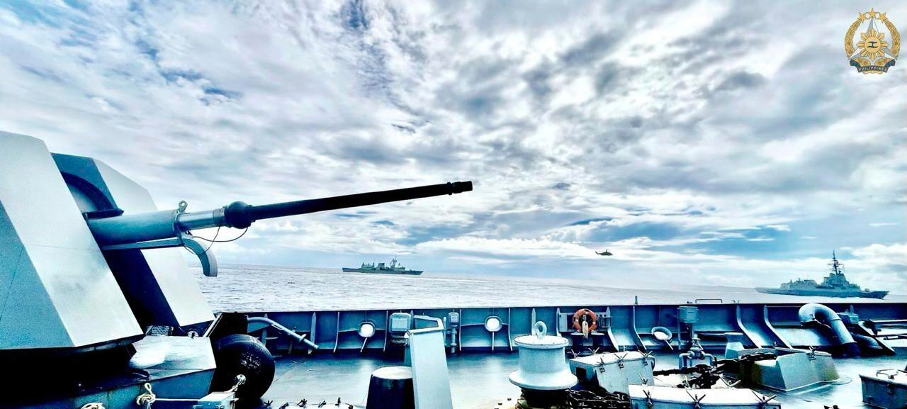 This photo provided by the Armed Forces of the Philippines and taken on Philippine Navy BRP Jose Rizal (FF150) during Exercise ALON 2025 shows it sailing in formation with Australian navy HMAS Brisbane (DDG41) and Canadian navy frigate HMCS Ville de Québec (FFH332), east of Scarborough Shoal, Wednesday, Aug. 27, 2025. (Armed Forces of the Philippines via AP)