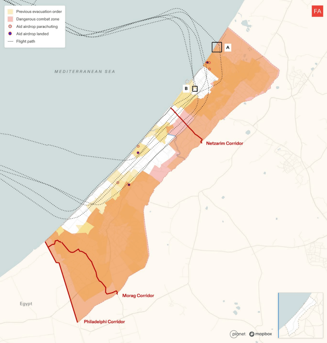 Flight paths of planes that provided airdrops of aid in Gaza between 31 July and 1 August 2025 in relation to the ‘dangerous combat zone’ [Forensic Architecture]