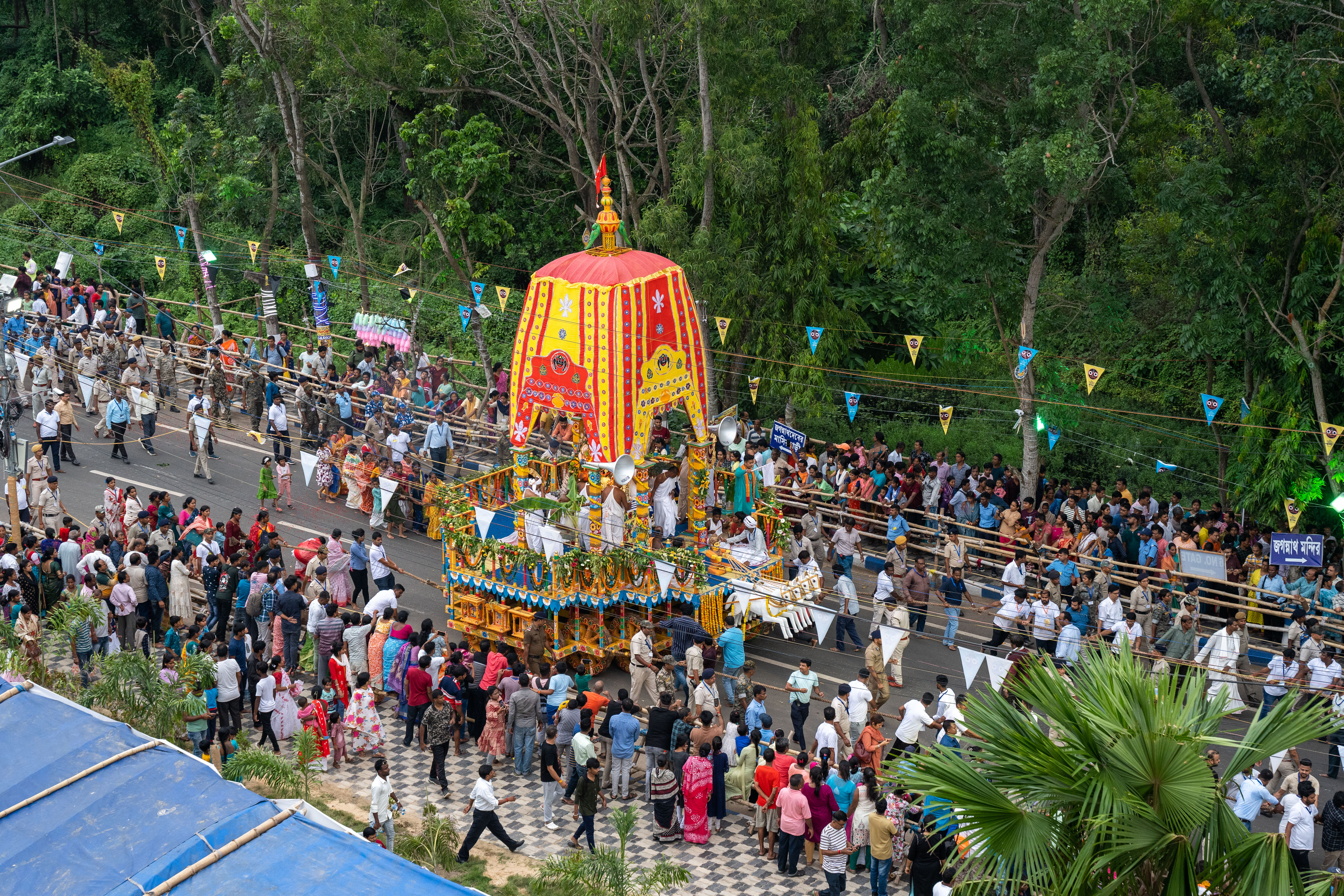 Digha, West Bengal, India; 5 May 2025 — One of the three chariots being pulled by designated participants and organizers, while the general public watched from behind barricades.