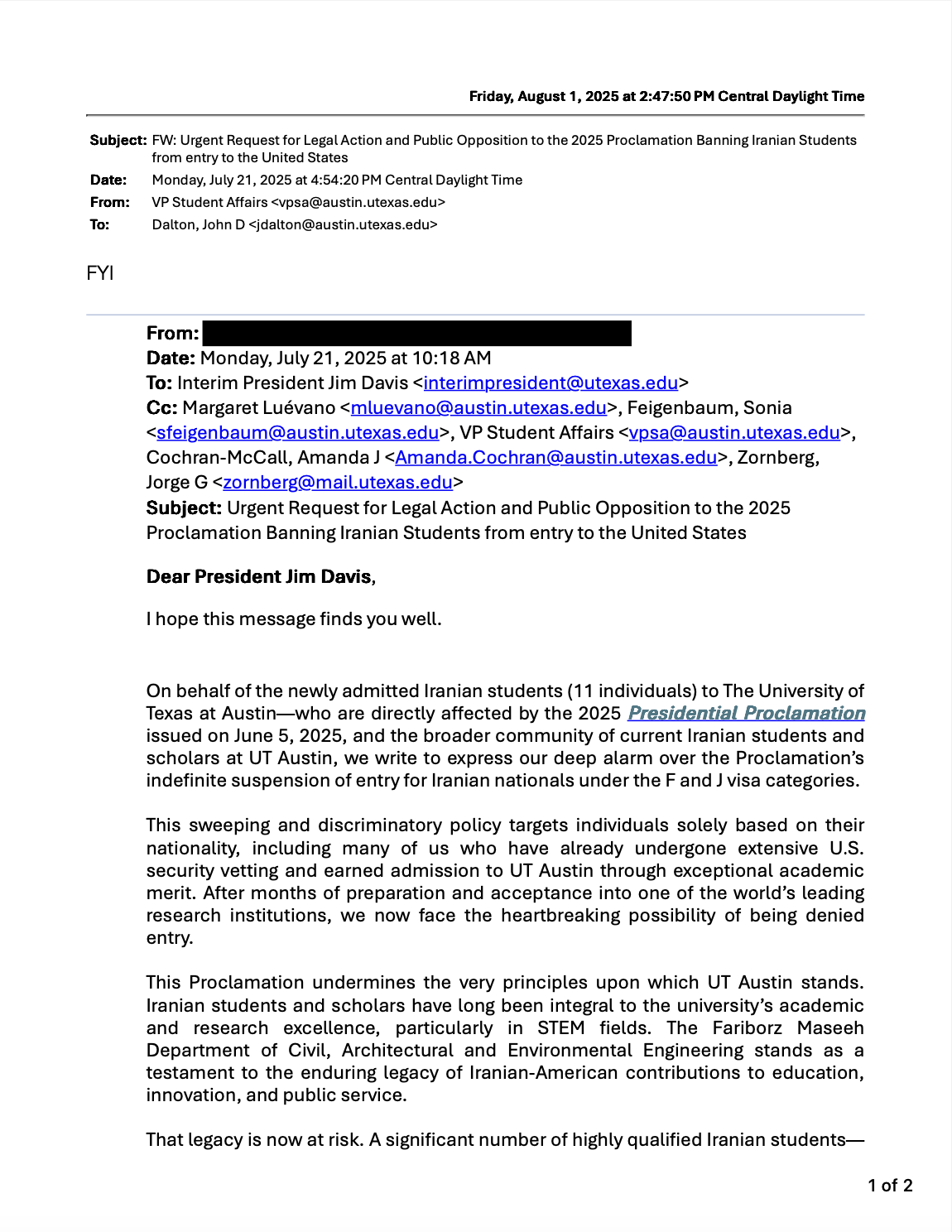 Letter to the University of Texas at Austin dated July 21, 2025.