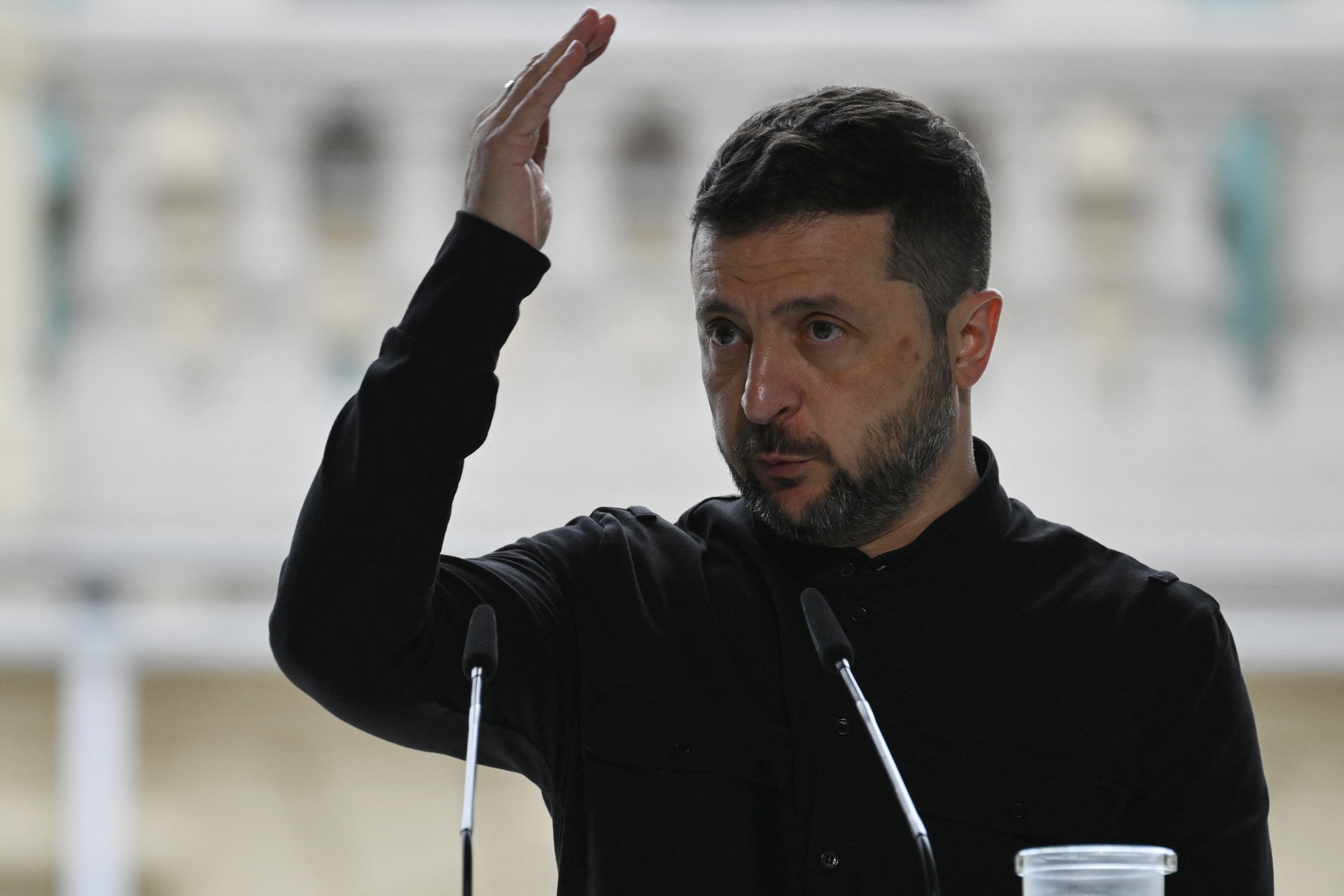 Ukrainian President Volodymyr Zelensky speaks during a press conference with Prime Minister of Norway following talks at Mariyinsky Palace in Kyiv on August 25, 2025, amid Russian invasion in Ukraine. (Photo by Genya SAVILOV / AFP)