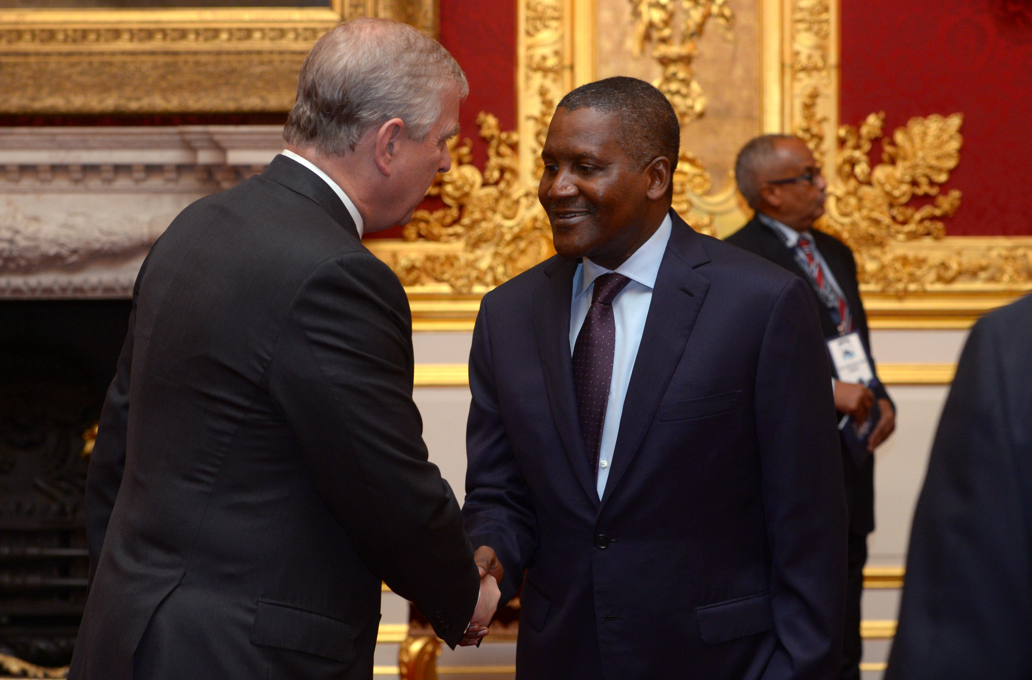 LONDON, ENGLAND - DECEMBER 1: Prince Andrew, Duke of York speaks to Aliko Dangote during the London Global African Investment Summit at St James' Palace on December 1, 2015 in London, England. (Photo by Anthony Devlin-WPA Pool/Getty Images)