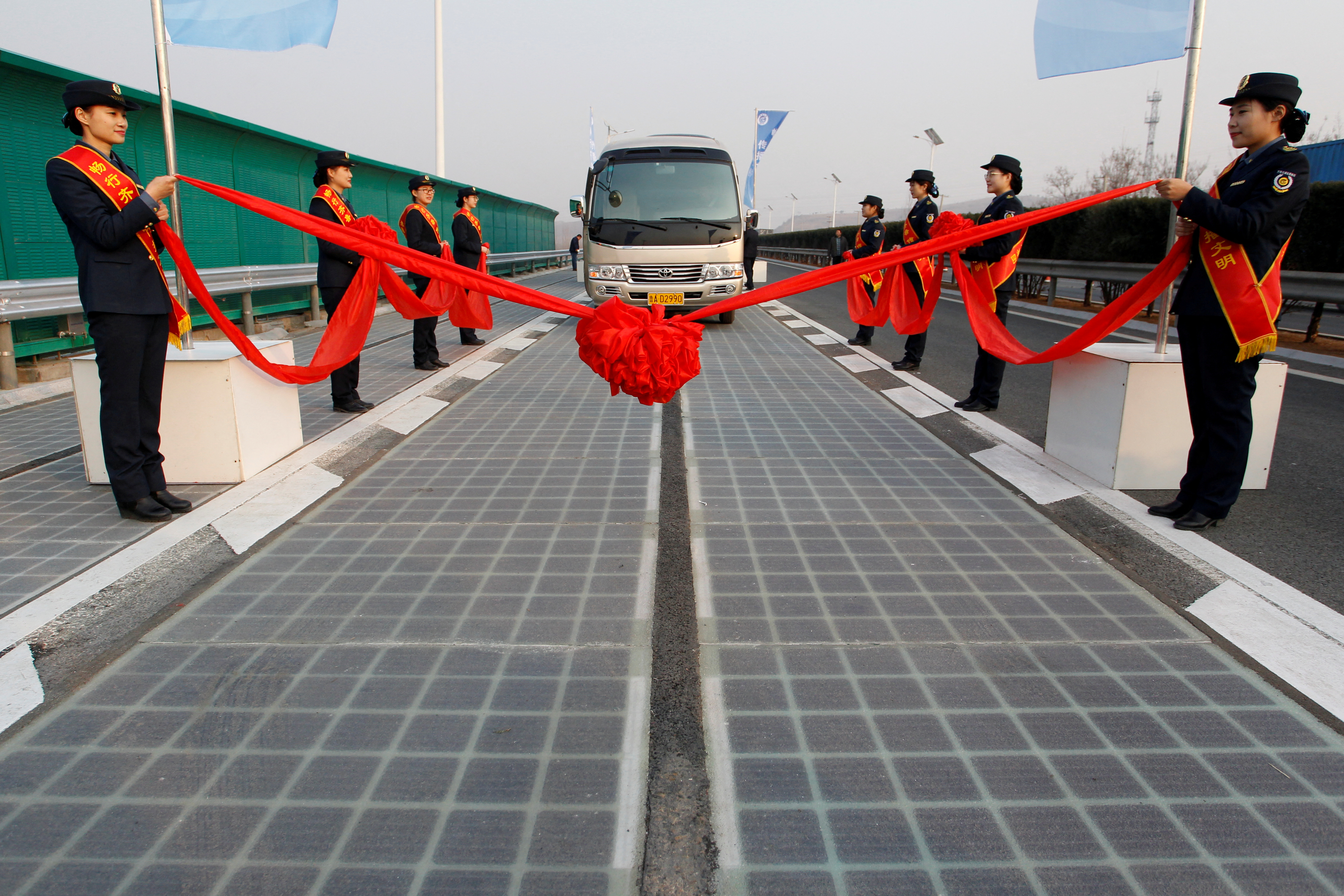 A vehicle on a solar panel expressway in Jinan, China