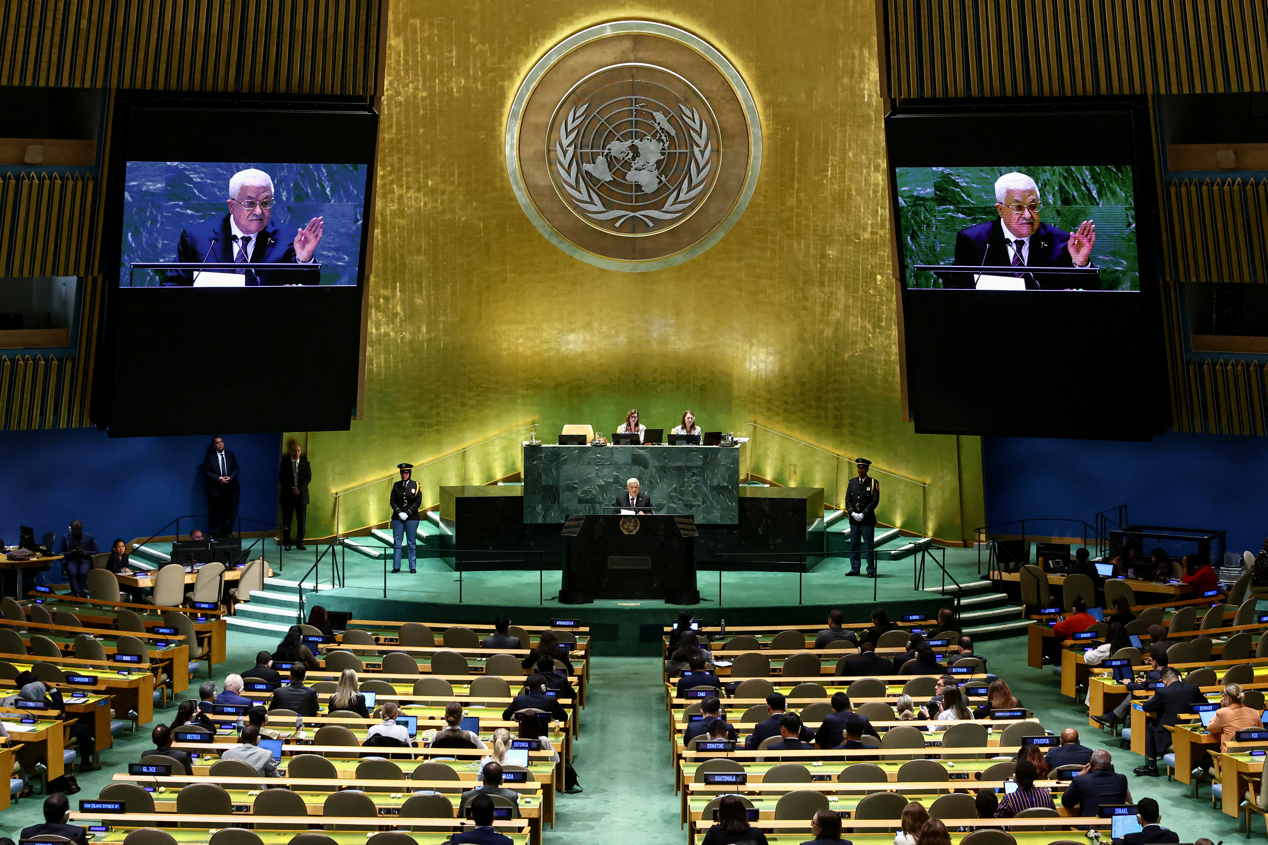 Palestinian President Mahmoud Abbas addresses the 79th United Nations General Assembly at United Nations headquarters in New York, U.S., September 26, 2024. REUTERS/Brendan McDermid