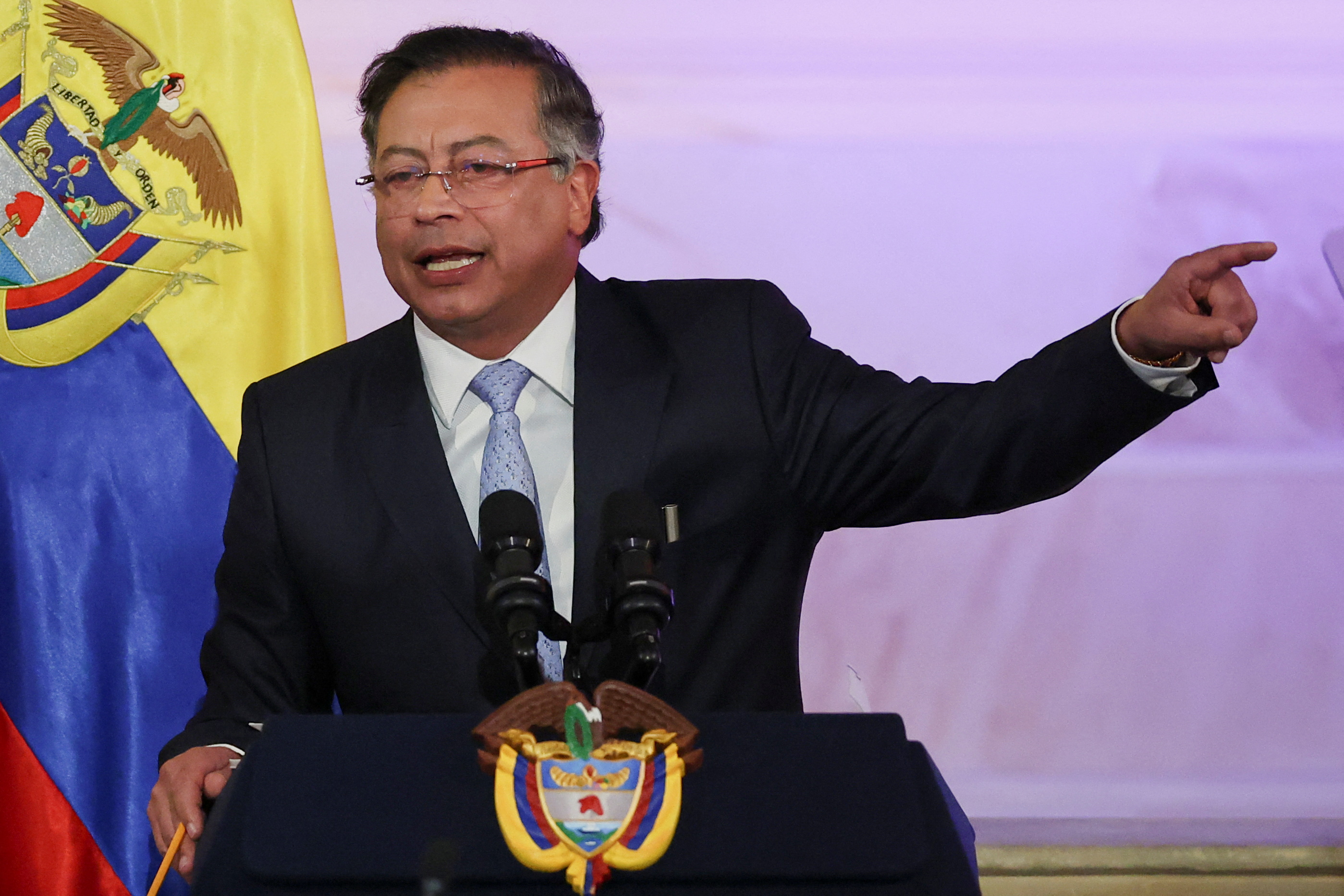 Colombian President Gustavo Petro speaks at a podium.