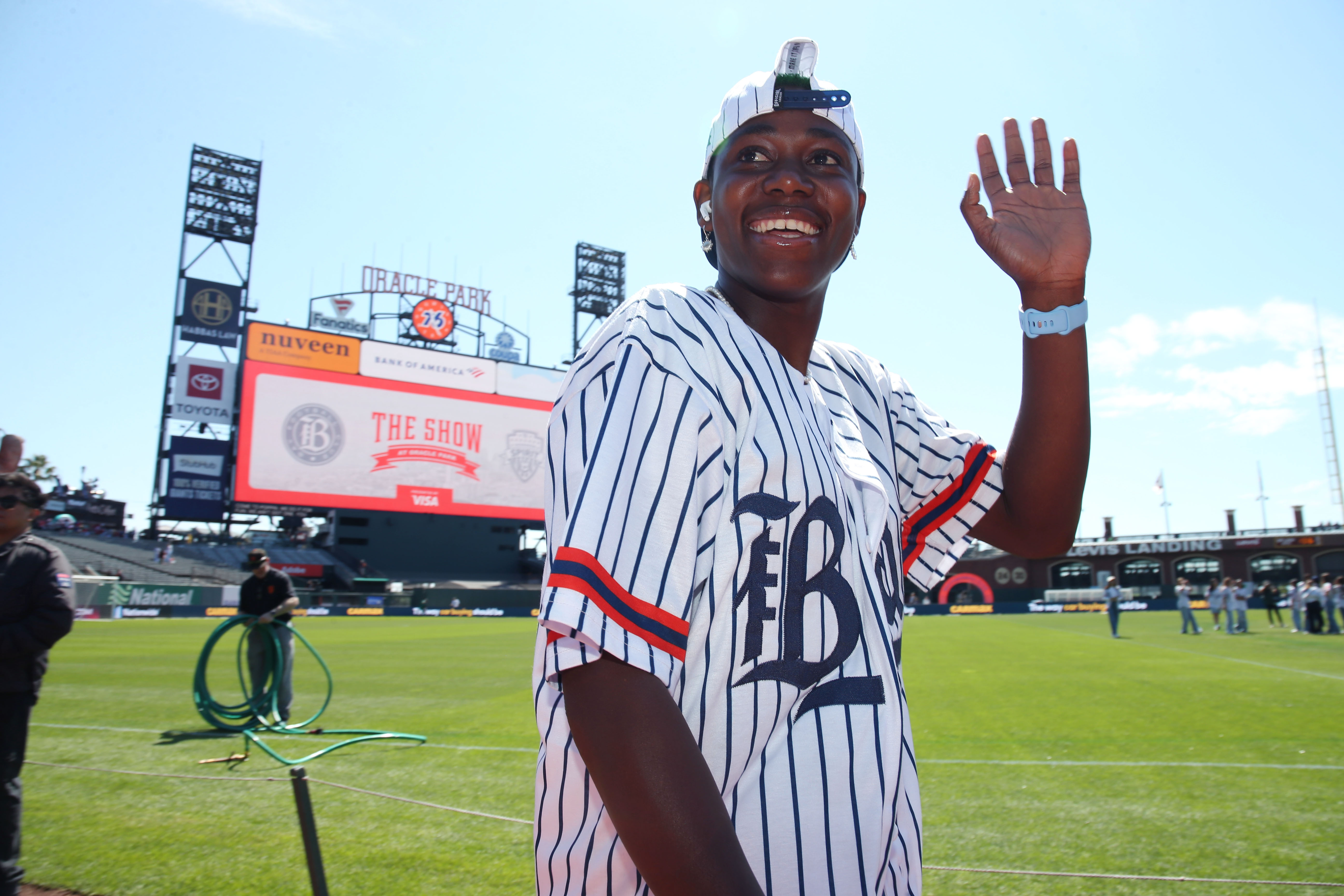 Bay FC forward Asisat Oshoala (8) walks on the field before the game against the Washington Spirit at Oracle Park