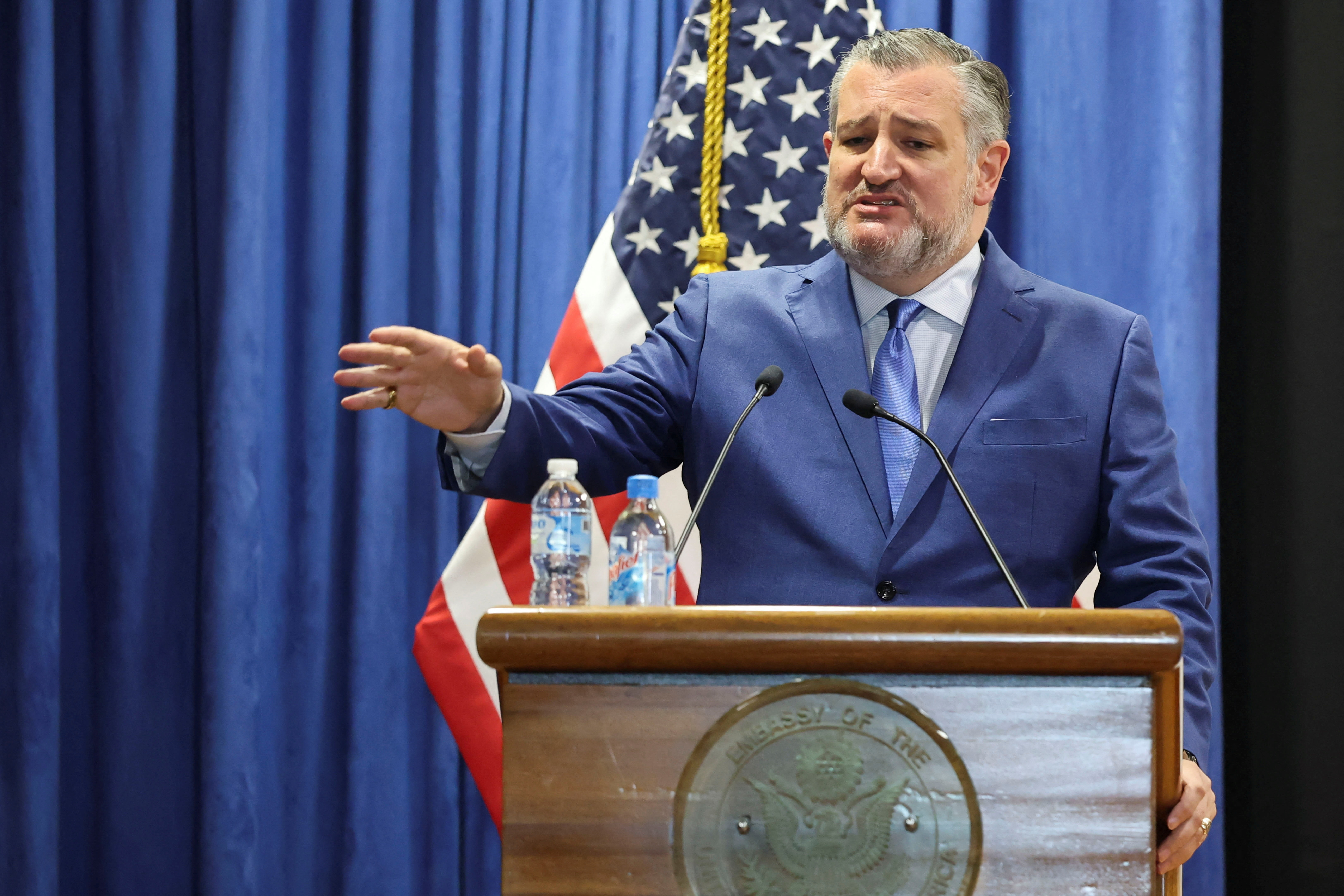 U.S. Senator Ted Cruz (R-TX) speaks during a press conference at the U.S. Embassy, in Mexico City, Mexico, August 29, 2025. REUTERS/Eloisa Sanchez