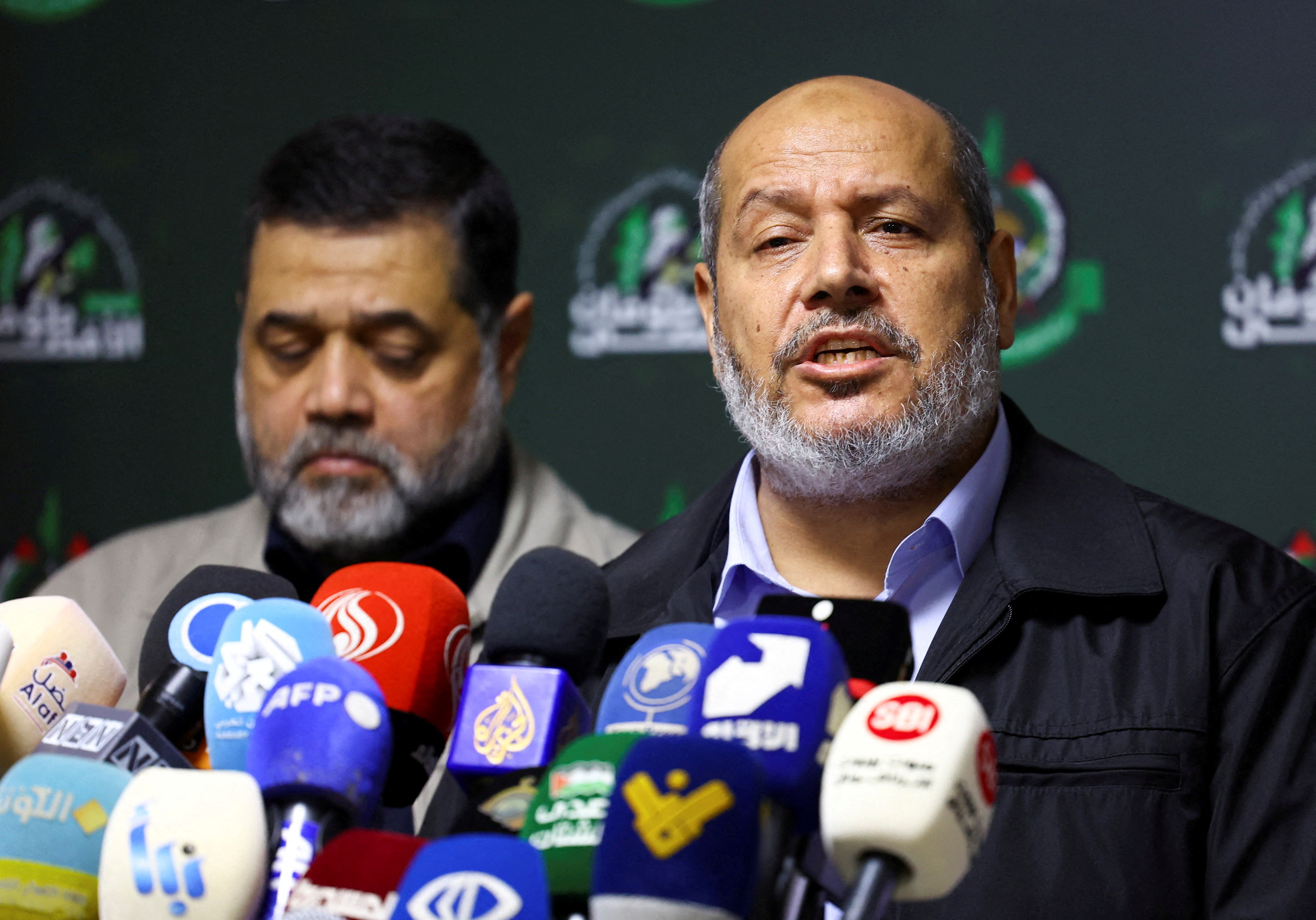 Khalil Al-Hayya at a media conference in Beirut, shortly after Israel’s war on Gaza began