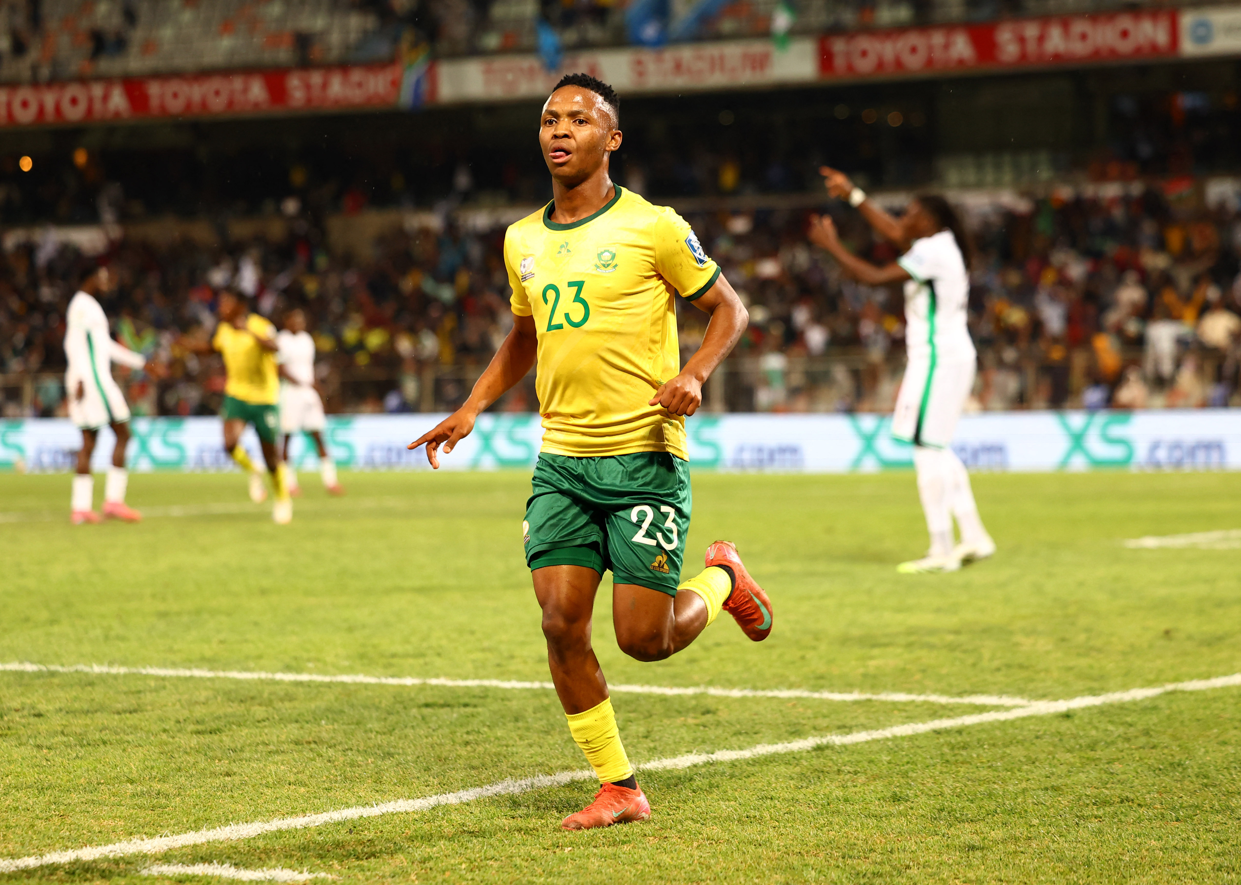 South Africa's Mohau Nkota celebrates after Nigeria's William Troost-Ekong scored an own goal