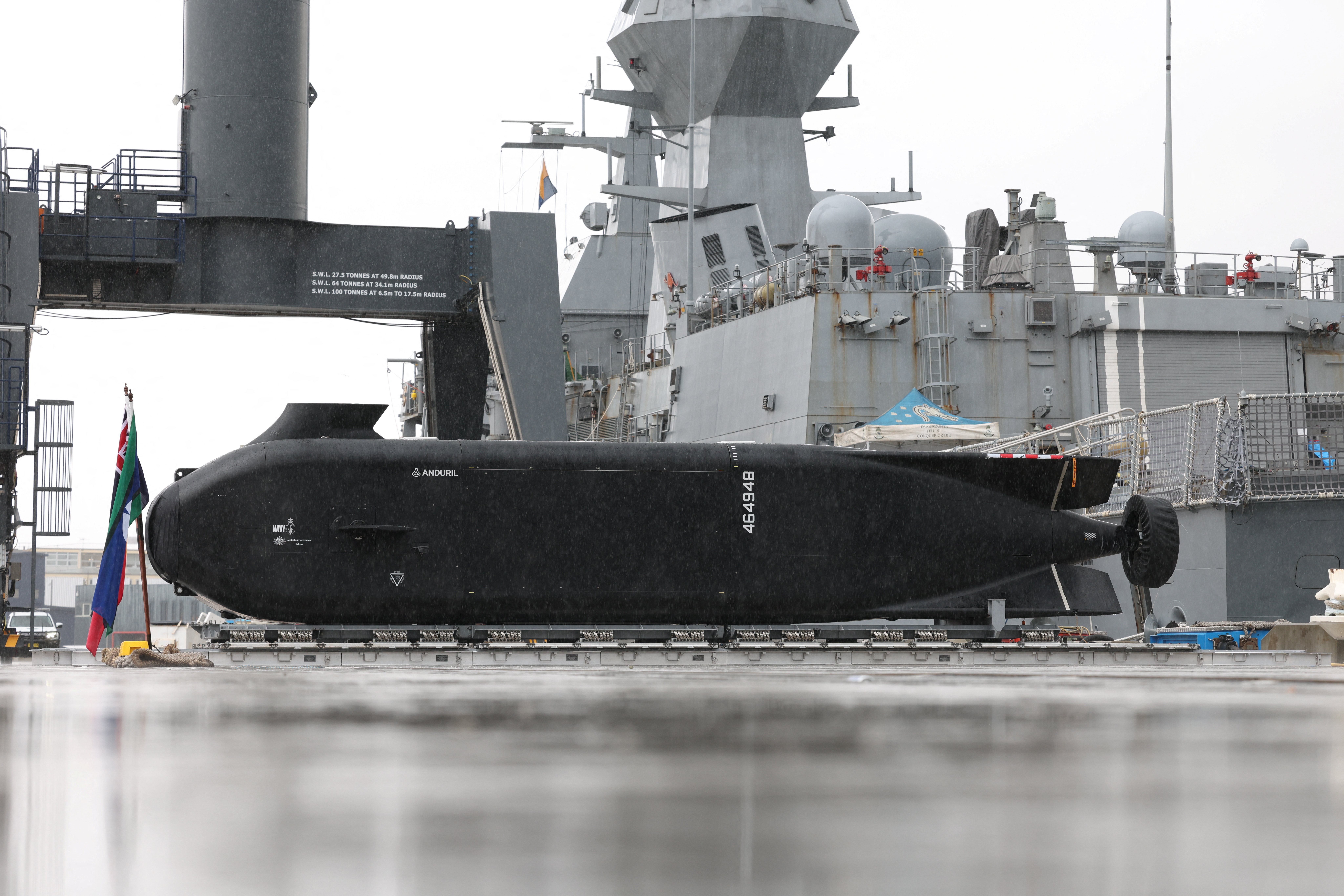 An Anduril Ghost Shark Extra Large Autonomous Undersea Vehicle (XL-AUV) is displayed at the Royal Australian Navy base HMAS Kuttabul, in Sydney, Australia, September 10, 2025. REUTERS/Hollie Adams