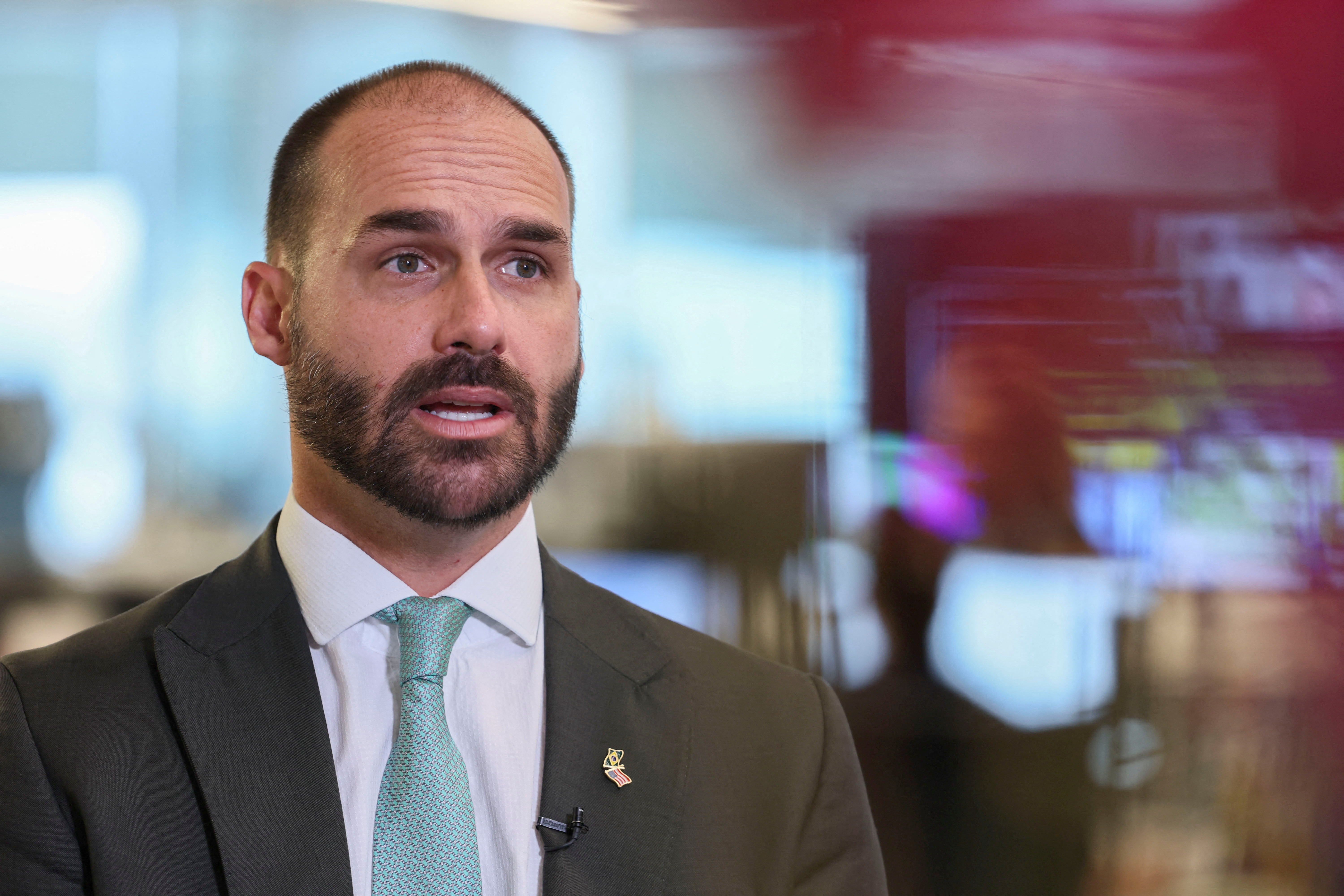 Brazilian lawmaker Eduardo Bolsonaro sits for an interview in Washington DC in August to discuss his efforts to put US pressure on Brazil to halt the trial of his father, right-wing former Brazilian President Jair Bolsonaro