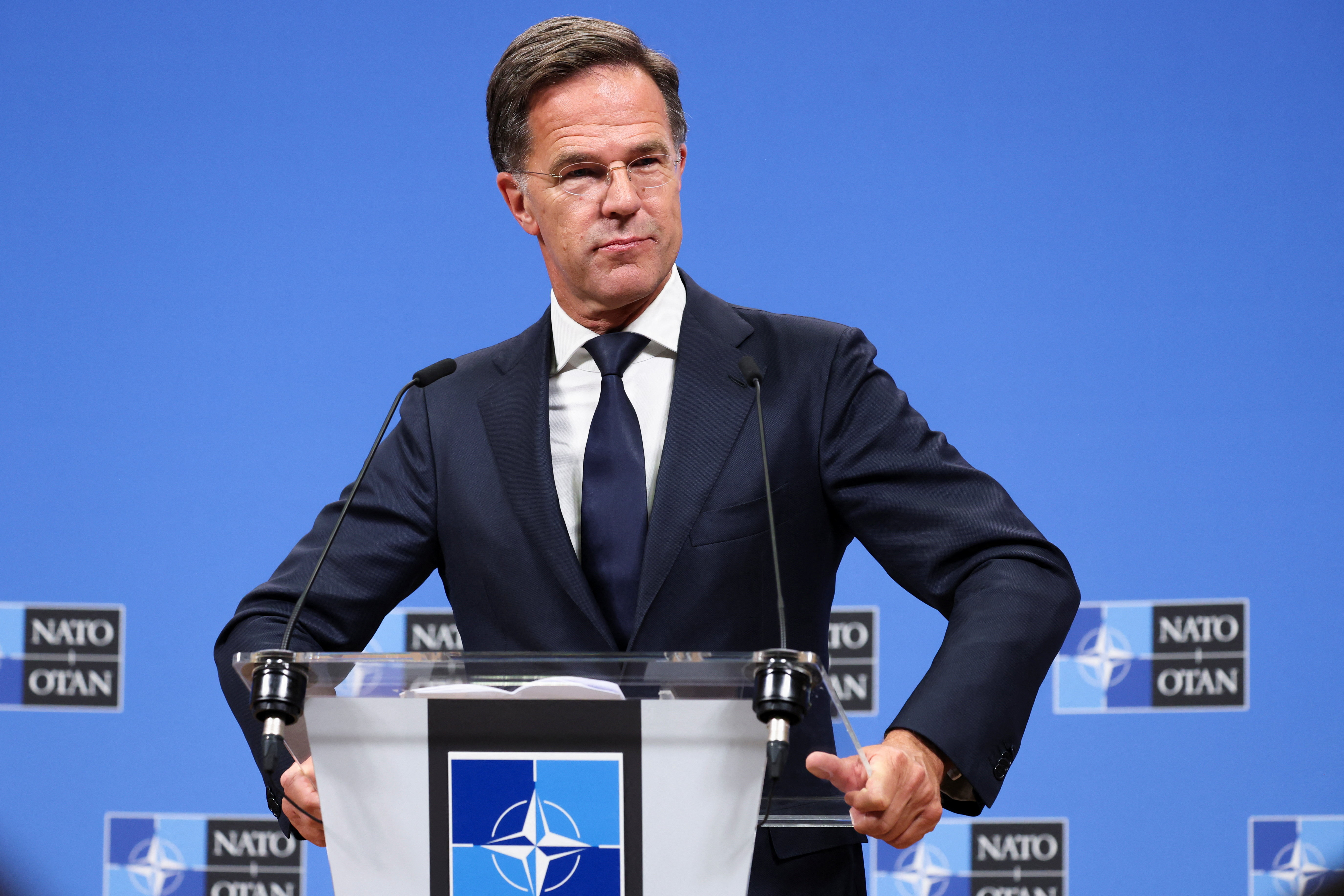 NATO Secretary General Mark Rutte attends a joint press conference with Supreme Allied Commander Europe Alexus G. Grynkewich (not pictured), at the Alliance headquarters in Brussels, Belgium September 12, 2025.