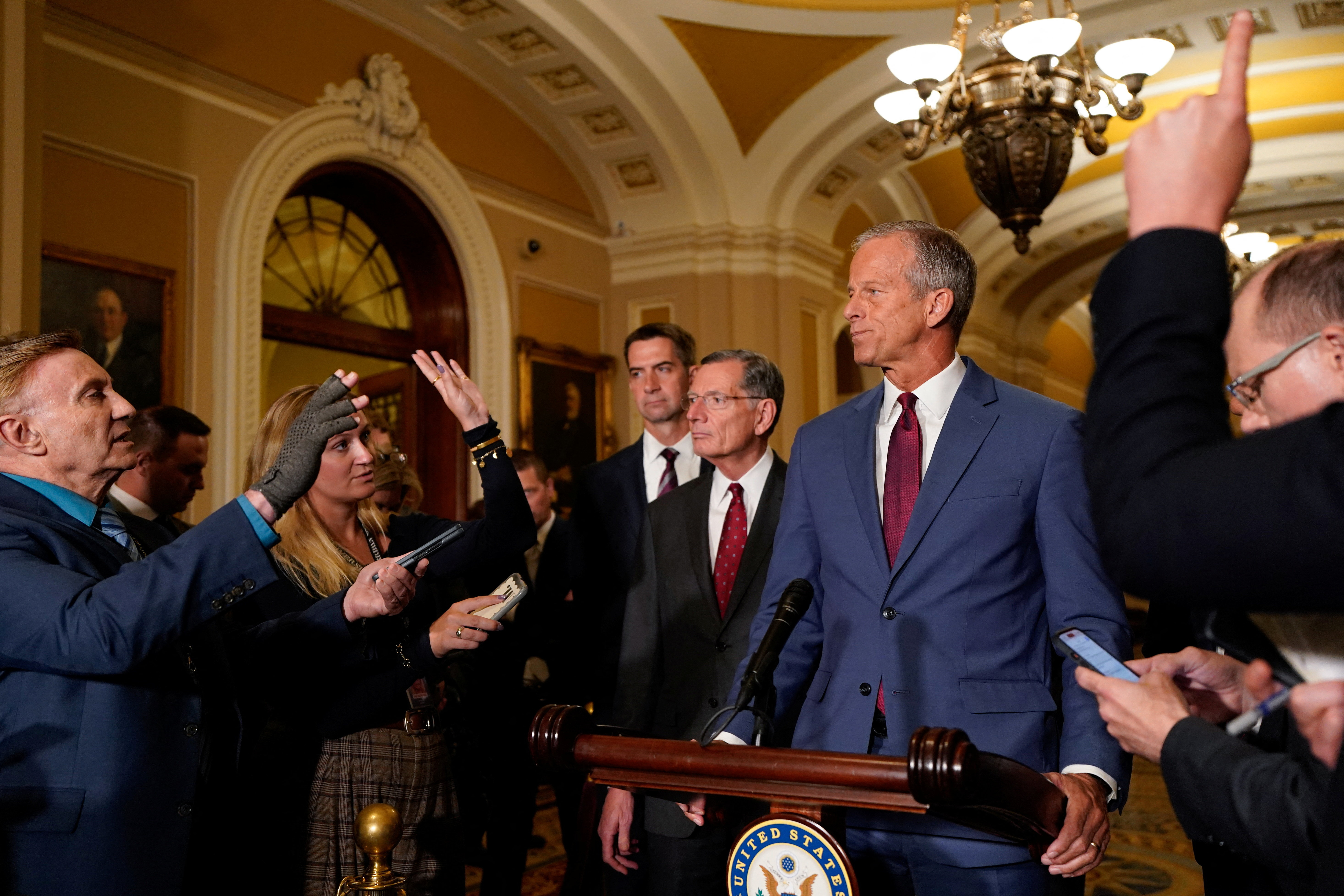 US Senate Majority Leader John Thune holds a news conference.