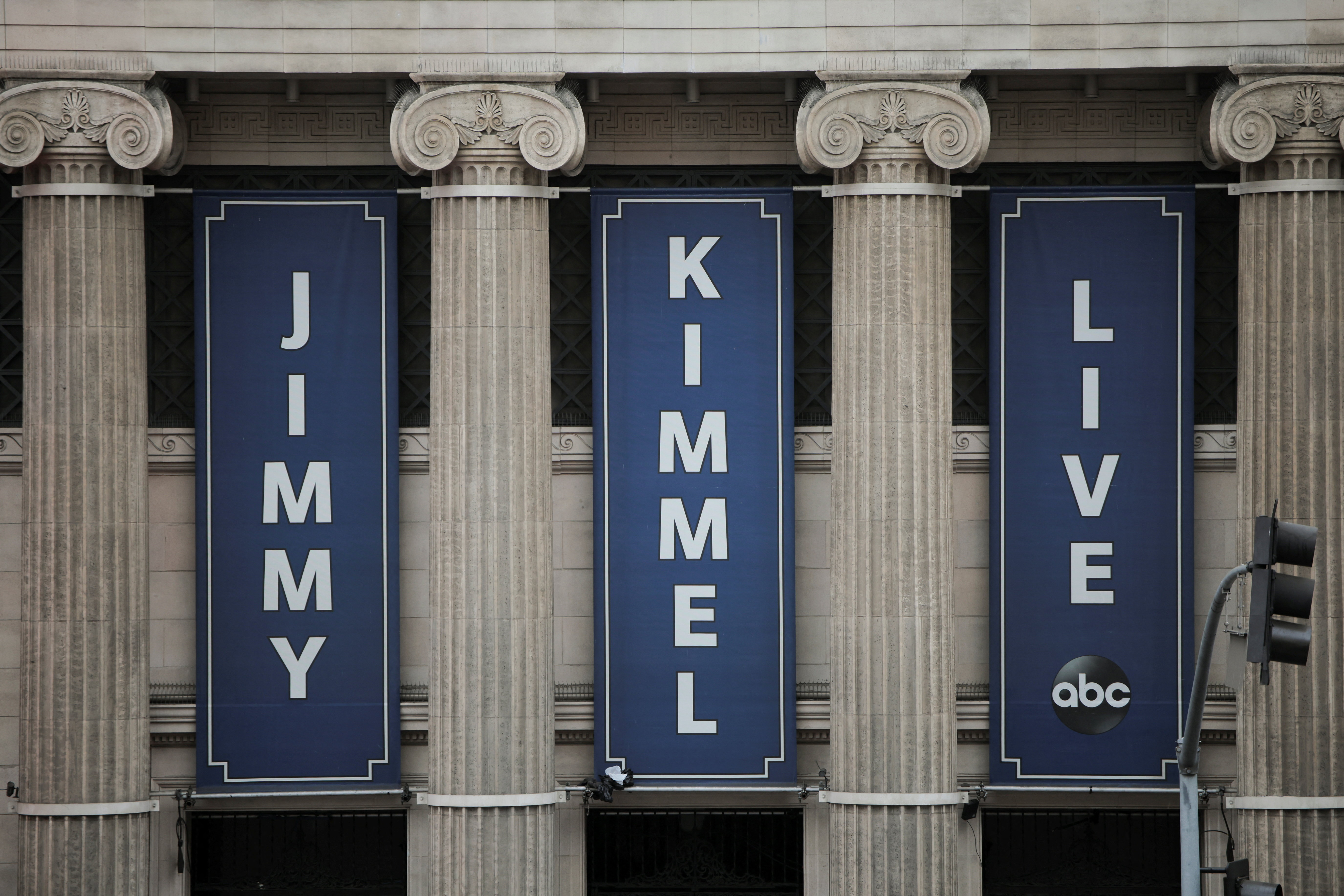 Signs read 'Jimmy Kimmel Live' at the El Capitan Entertainment Centre in Los Angeles, US