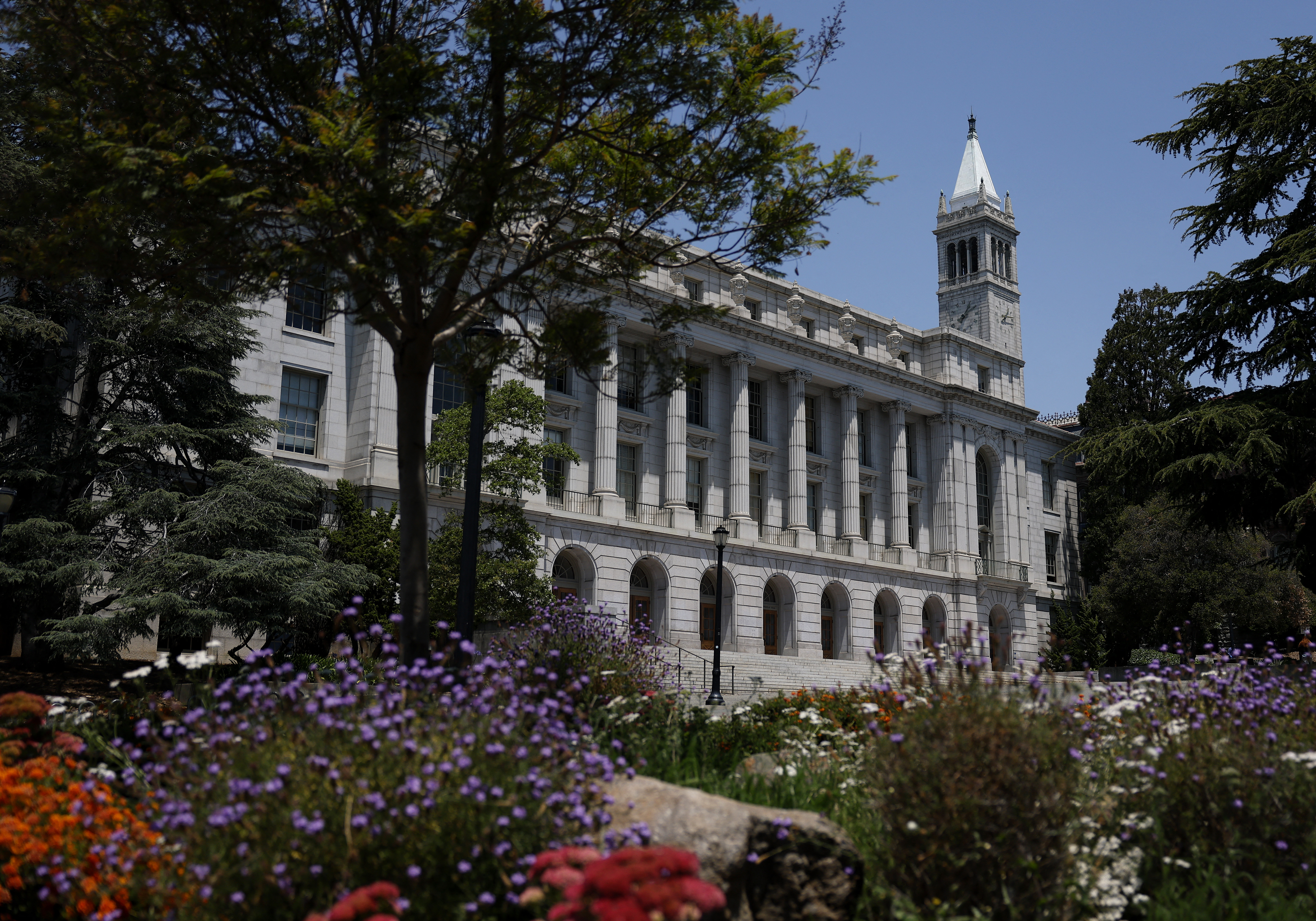 A view of Wheeler Hall and Sather Tower at the University of California at Berkeley.