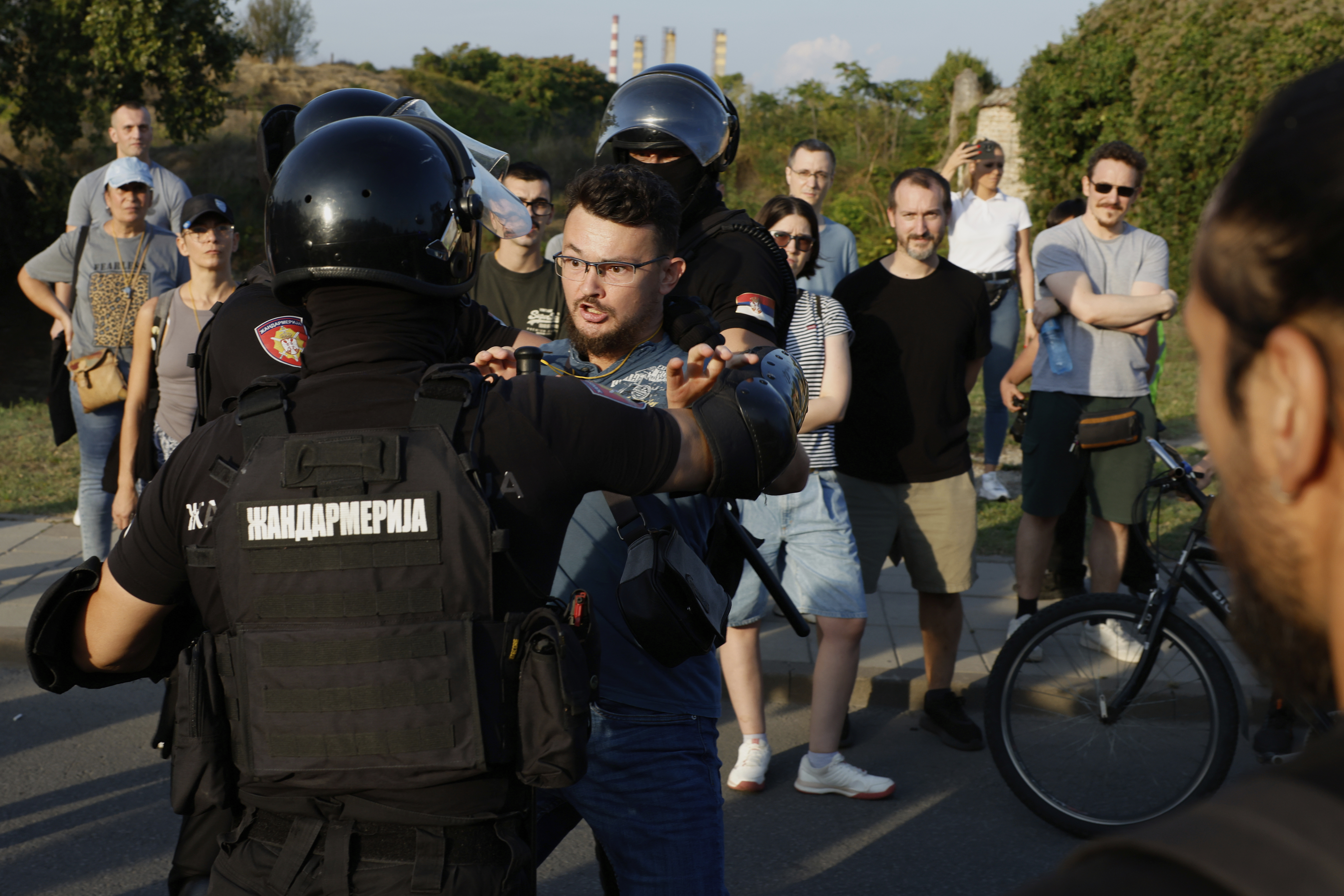 Serbian gendarmerie officers push away an anti-government protester