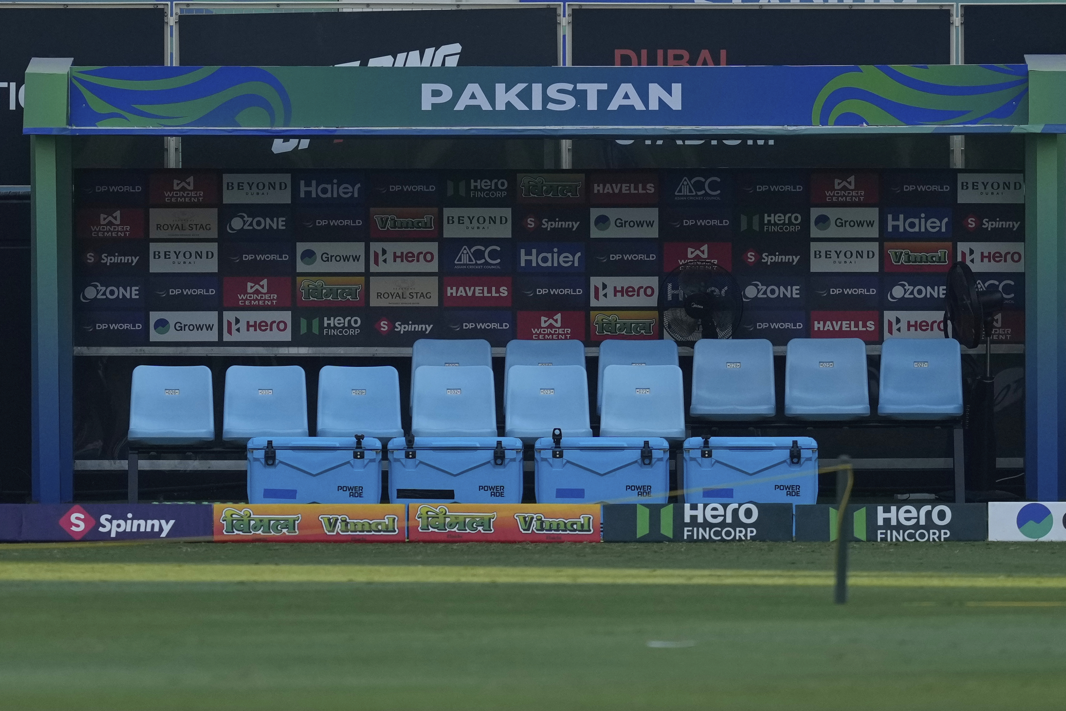 Empty dugout area of Pakistani players is seen after they pulled out of Asia Cup 2025 ahead of their match against United Arab Emirates at Dubai International Cricket Stadium, United Arab Emirates, Wednesday, Sept. 17, 2025. (AP Photo/Altaf Qadri)