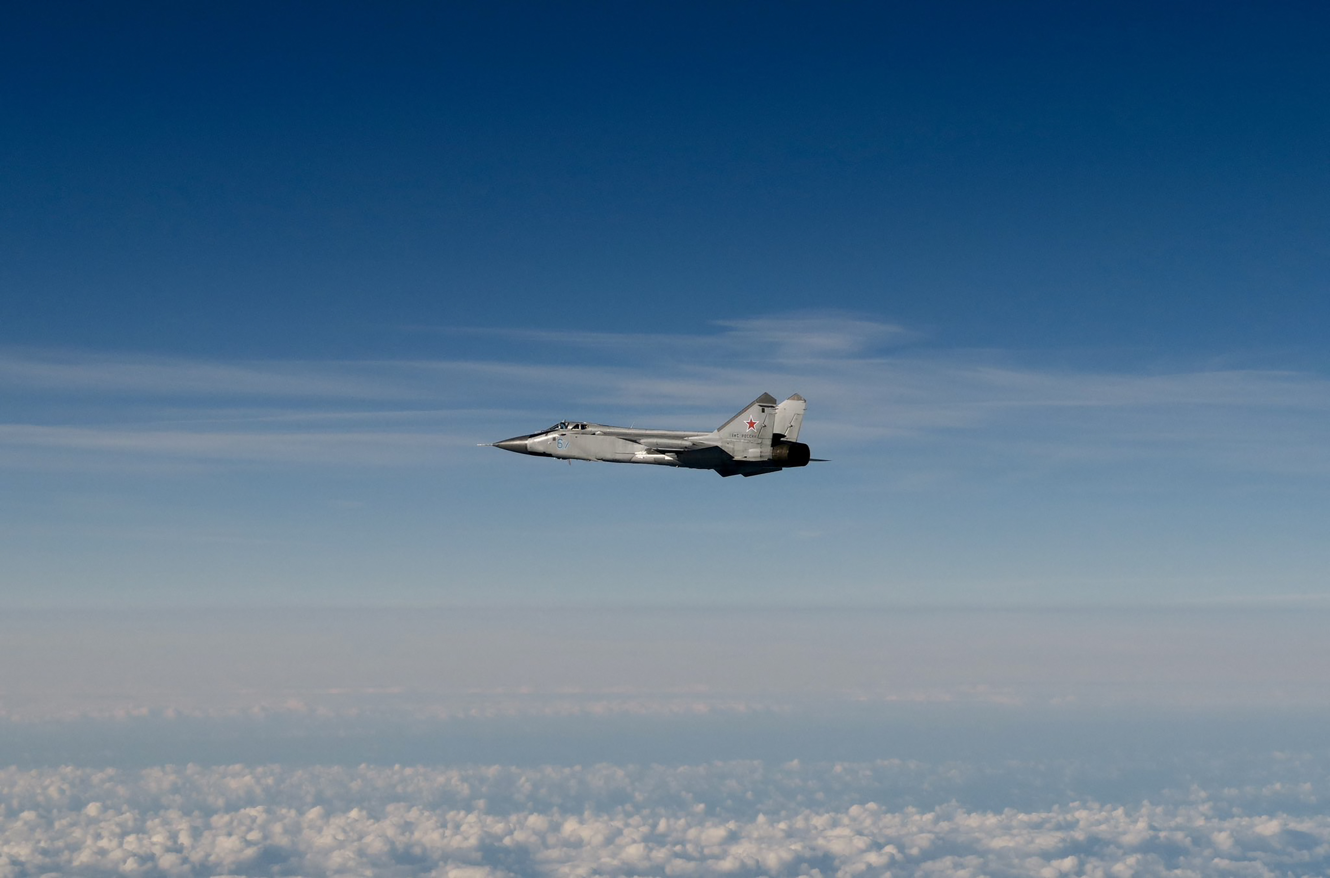 A Russian MIG-31 jet flying above the Baltic Sea