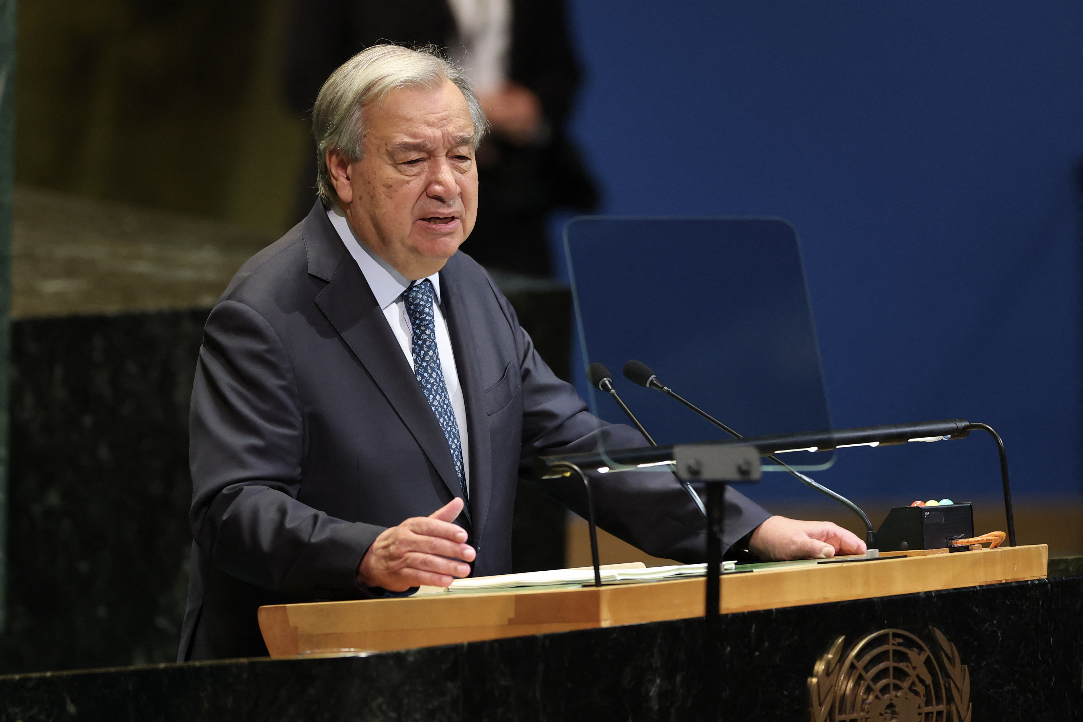 UN Secretary General Antonio Guterres speaks during the General Debate of the United Nations General Assembly at the UN headquarters in New York City on September 23, 2025. (Photo by ANGELA WEISS / AFP)