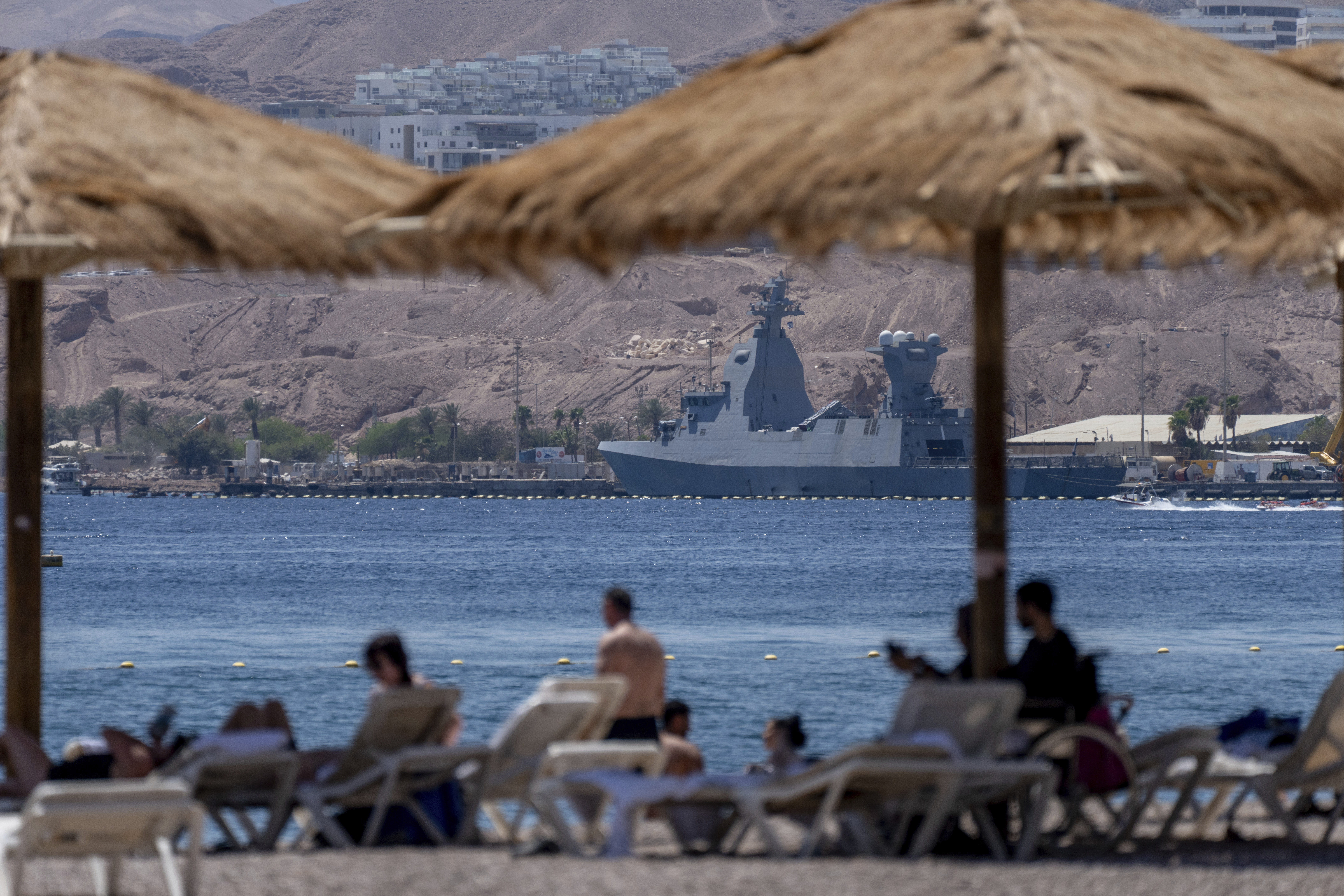 A Saar-6 corvette, the latest-generation warship which Israel is using for its naval defense system amid maritime threats from Yemen's Houthi rebels, is seen in waters in Eilat, Israel, Tuesday, April 16, 2024. The Houthis have been conducting near daily attacks on commercial and military ships in the Red Sea and Gulf of Aden, launching drones and missiles from rebel-held areas of Yemen. (AP Photo/Ohad Zwigenberg)