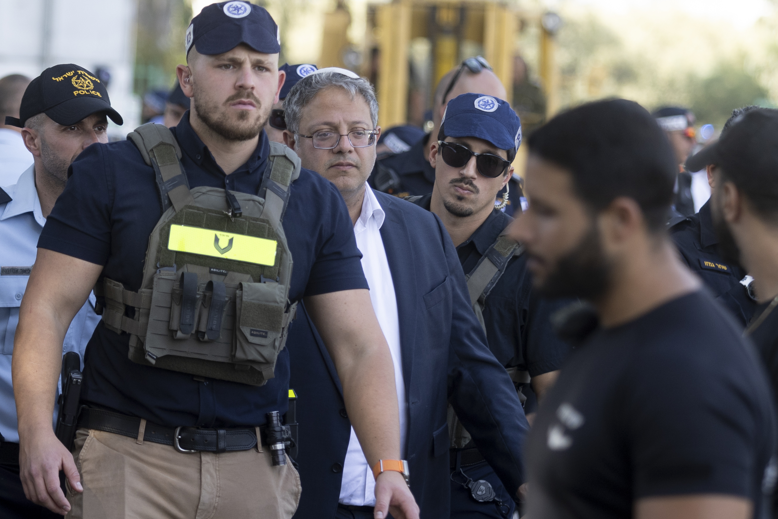 TEL AVIV, ISRAEL - OCTOBER 27: Israeli Minster of National Security, Itamar Ben Gvir inspects a scene after a truck hit people waiting at a bus stop near the Glilot junction on October 27, 2024 north of Tel Aviv, Israel. Dozens were reported injured in the initial aftermath of the suspected ramming attack. (Photo by Amir Levy/Getty Images)