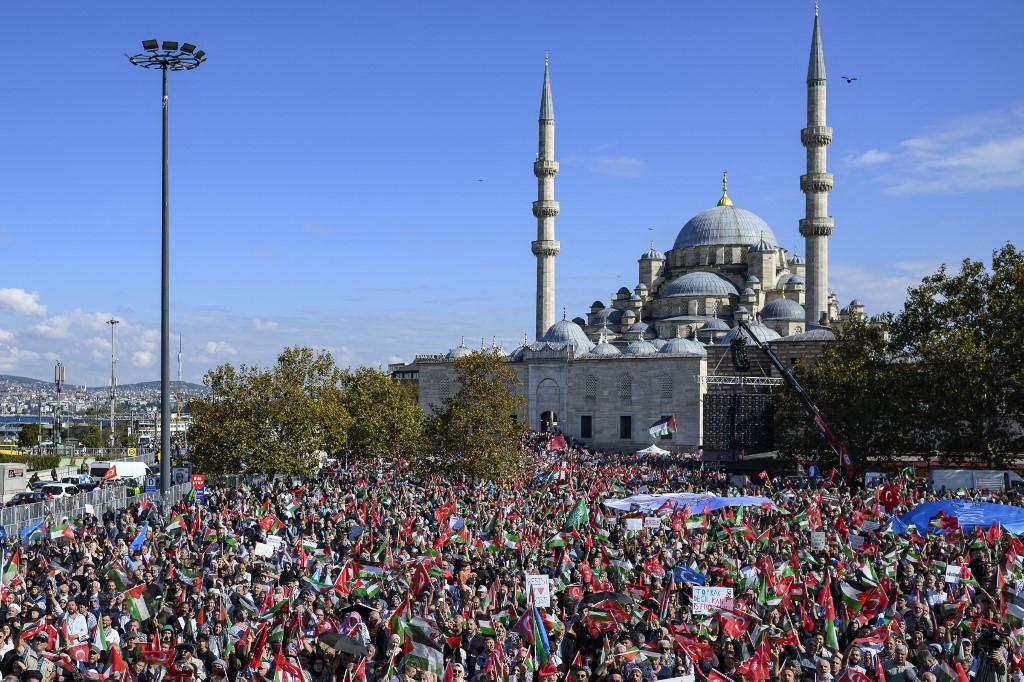 Demonstrators take part in a rally in solidarity with Palestinians and to protest against the interception by the Israeli navy of the Global Sumud Flotilla, with the New Mosque in the background, in Istanbul, on October 5, 2025. [Yasin Akgul/AFP]