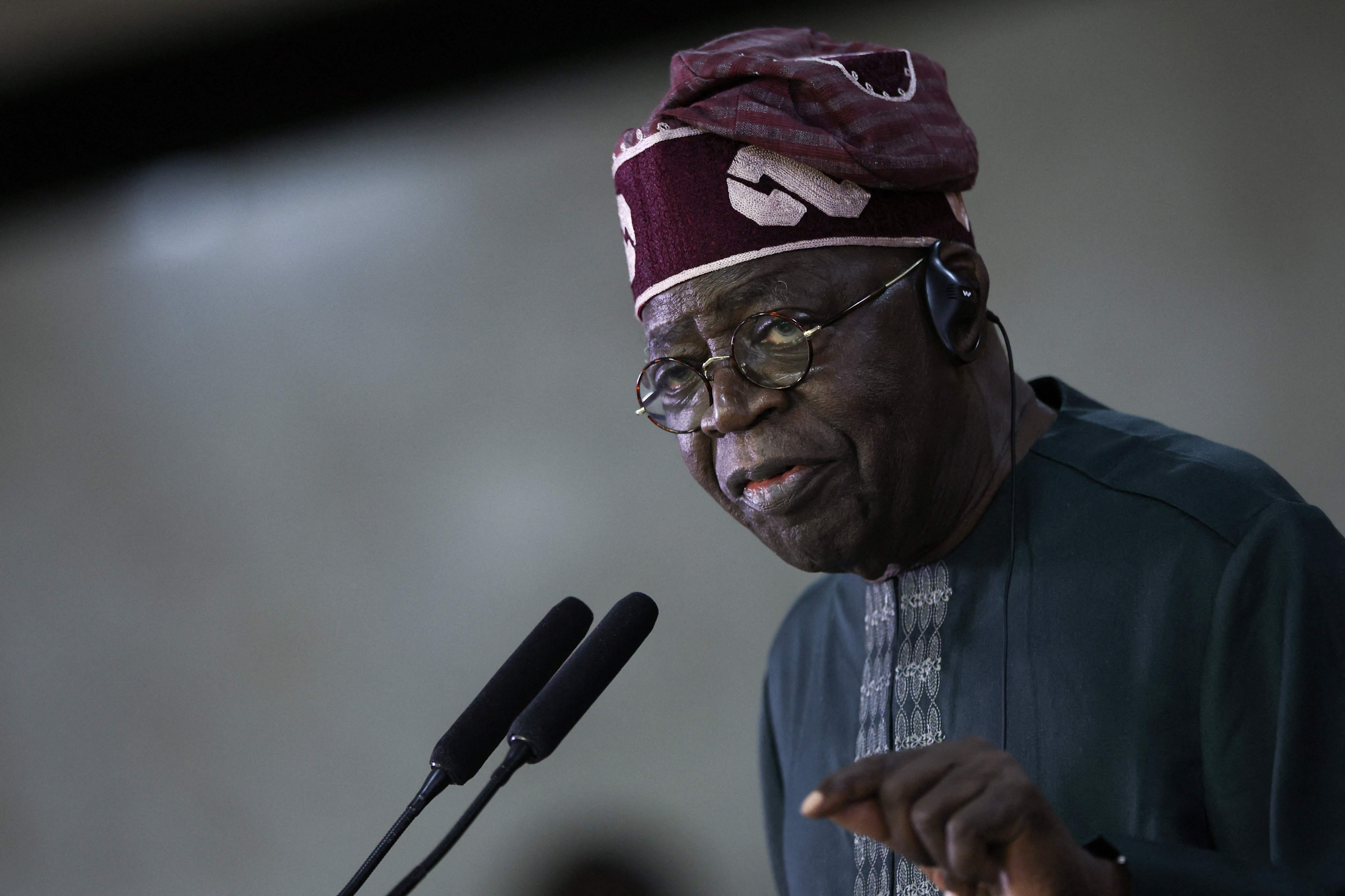 Nigeria's President Bola Ahmed Tinubu speaks at a press conference in Brasilia, Brazil, on August 25, 2025.