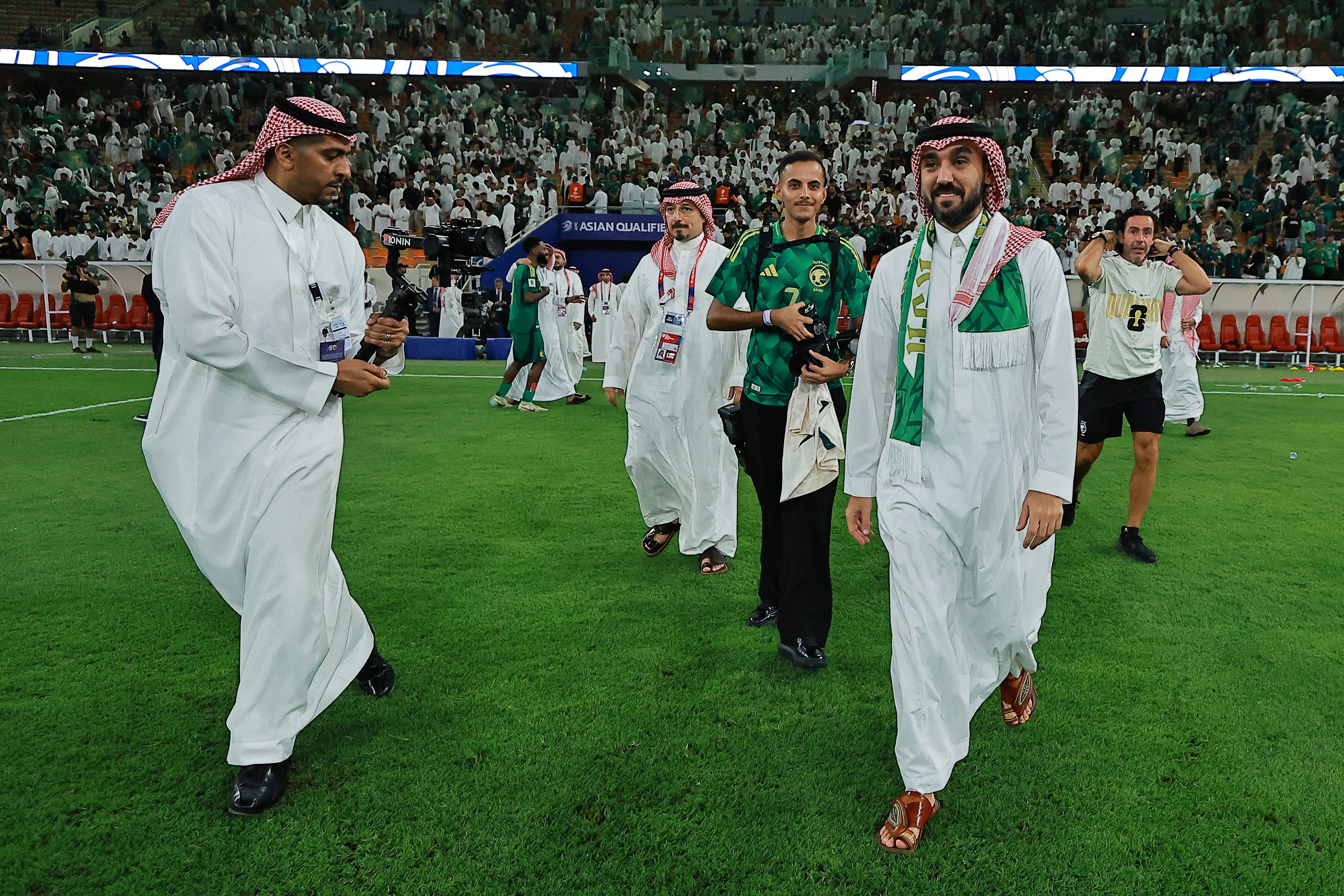 Minister of Sports of Saudi Arabia, Abdulaziz bin Turki Al-Faisal celebrates after qualifying for the FIFA World Cup