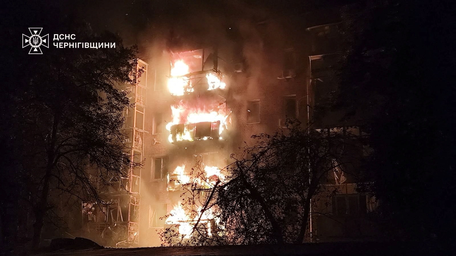 An apartment building burns after a Russian drone attack.