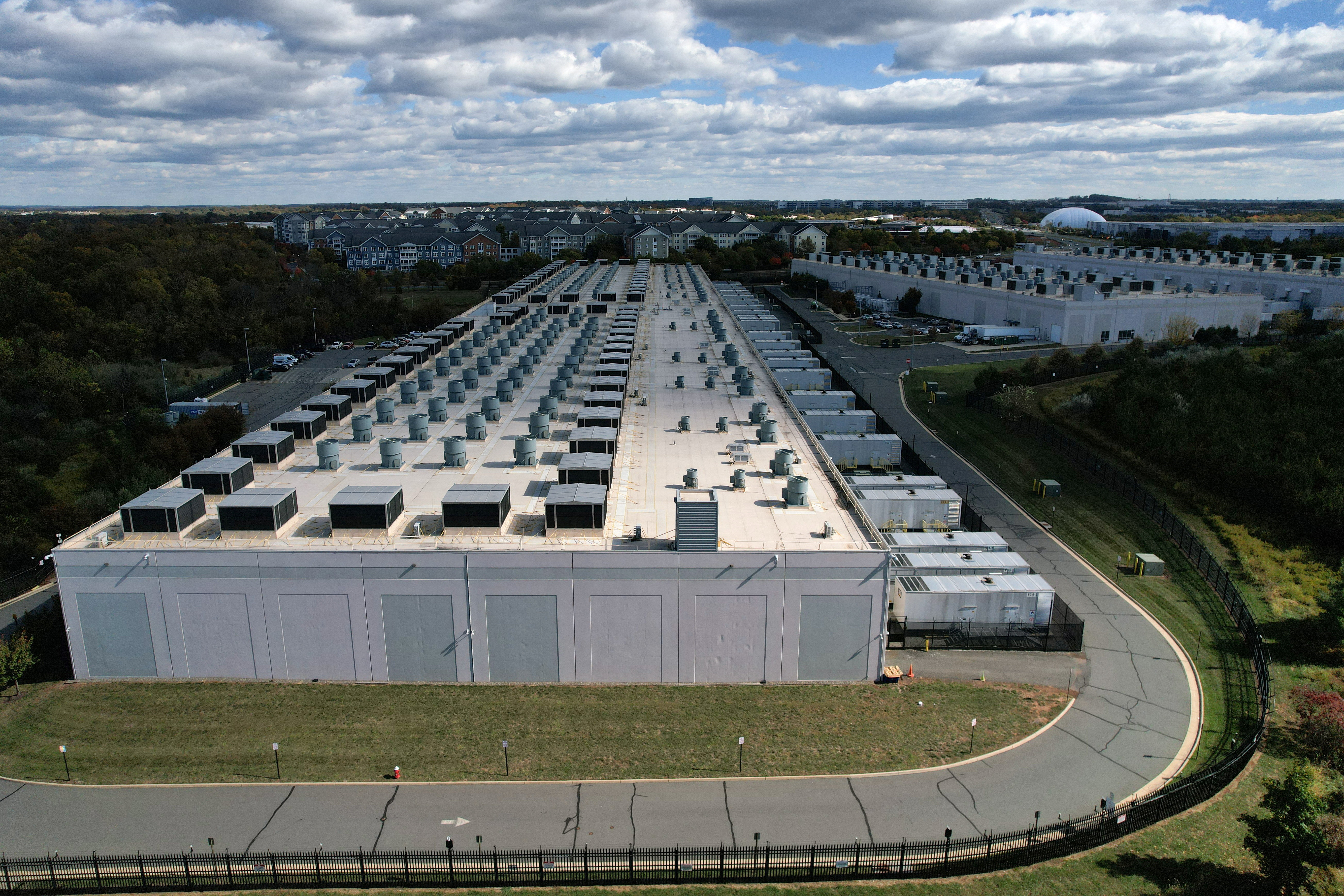 An aerial view of an Amazon Web Services Data Center