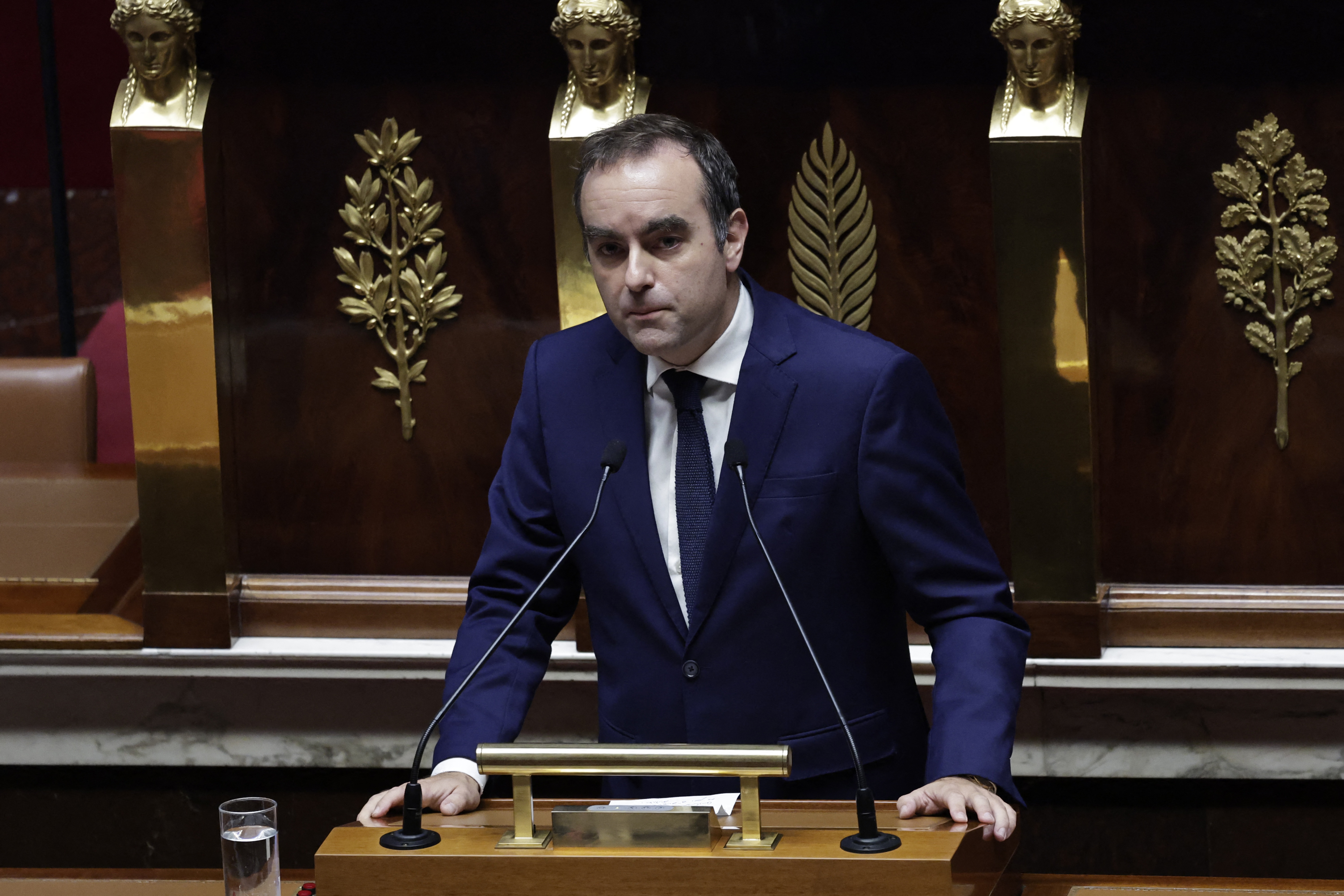 France's Prime Minister Sebastien Lecornu delivers a speech.