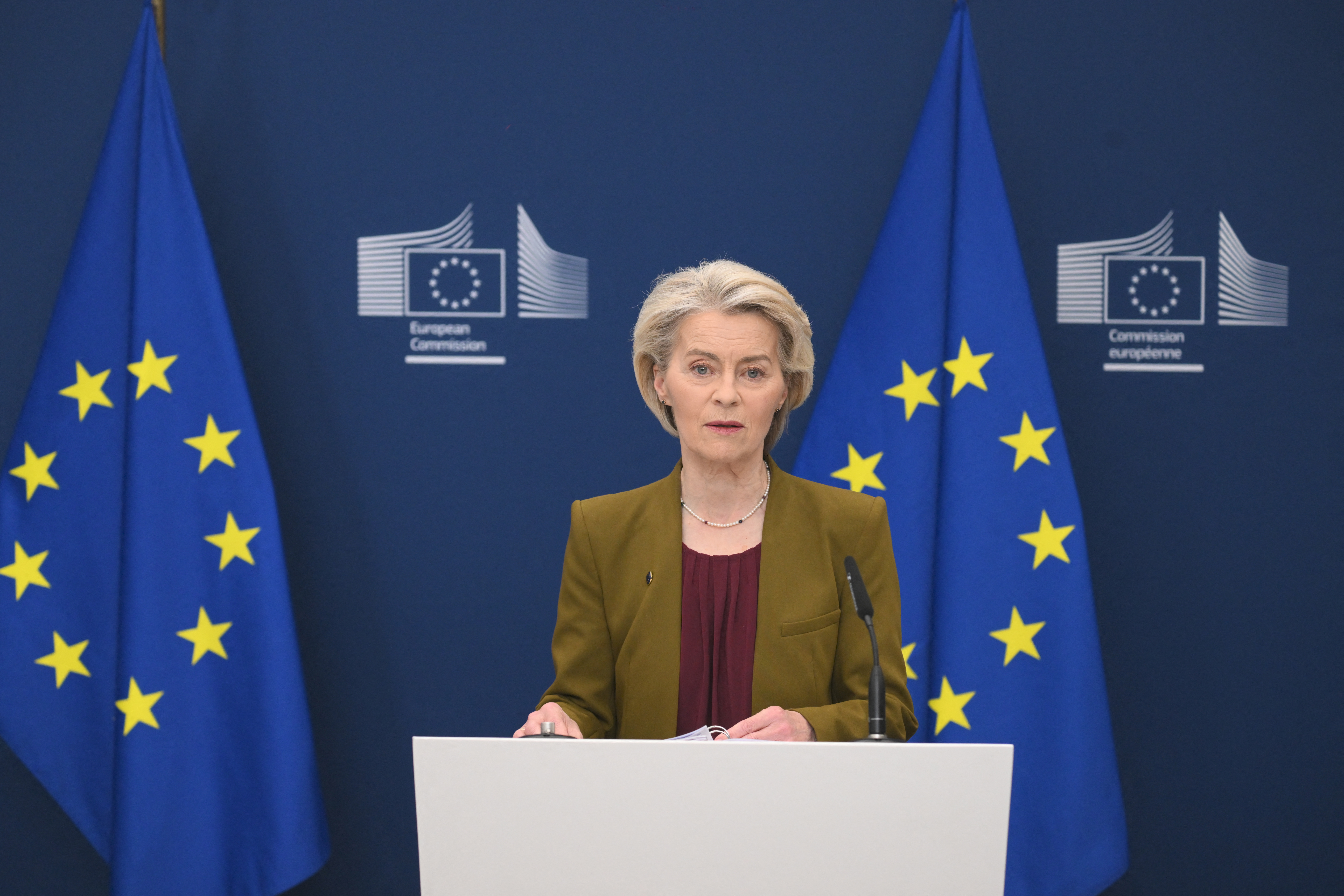 European Commission President Ursula von der Leyen gives a press statement on the Pact for the Mediterranean at the European Union headquarters in Brussels, Belgium on October 16, 2025.