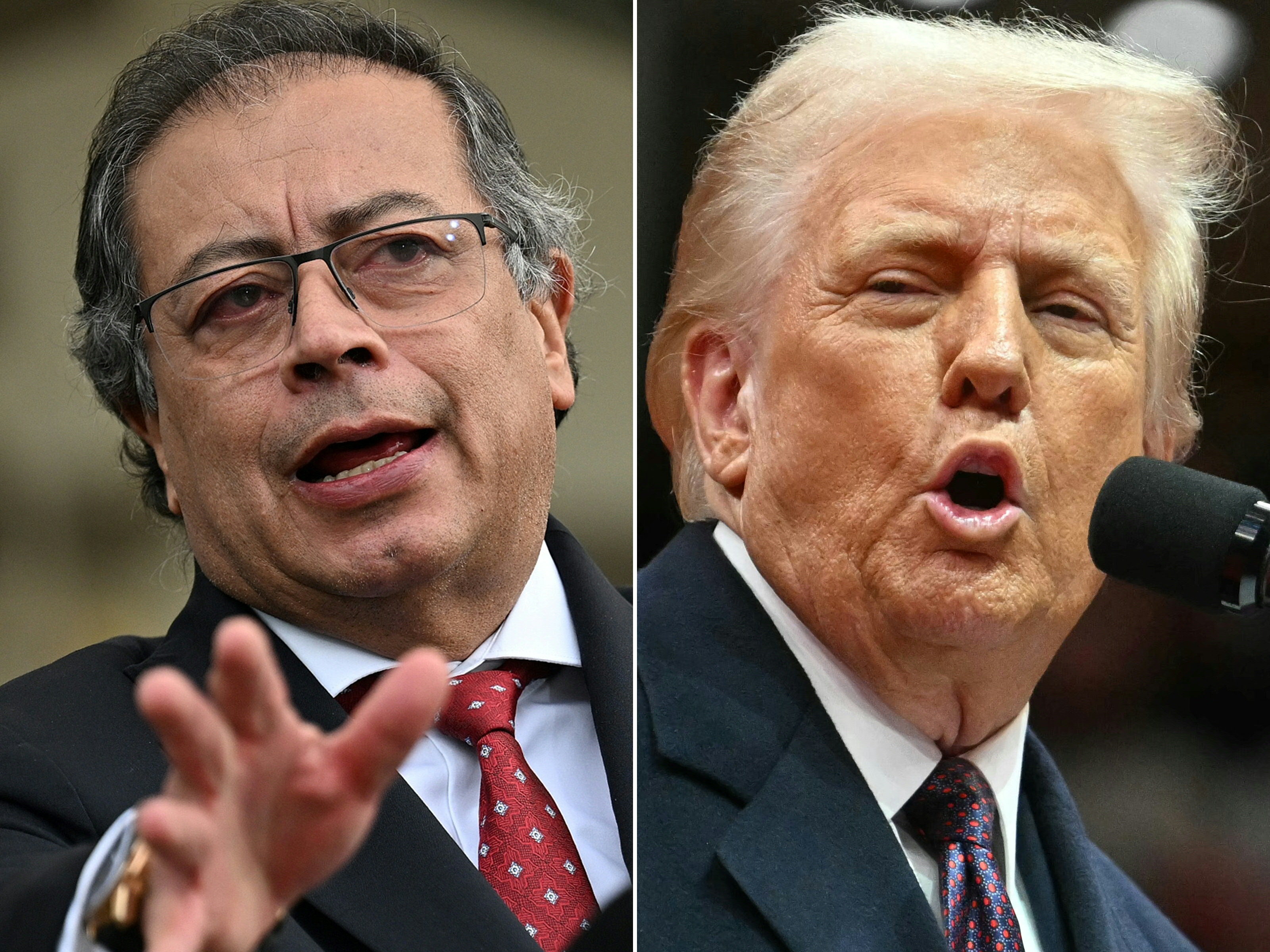 (FILES) (COMBO) This combination of pictures created on January 26, 2025 shows Colombian President Gustavo Petro in Bogota on July 09, 2024 and US President Donald Trump in Washington, DC, on January 20, 2025. Colombia's President Gustavo Petro and US President Donald Trump engaged in a war of words on October 22, 2025, trading threats of "very serious action" and lawsuits as relations between the once-allied nations hit a new low. (Photo by LUIS ACOSTA and Jim WATSON / AFP)