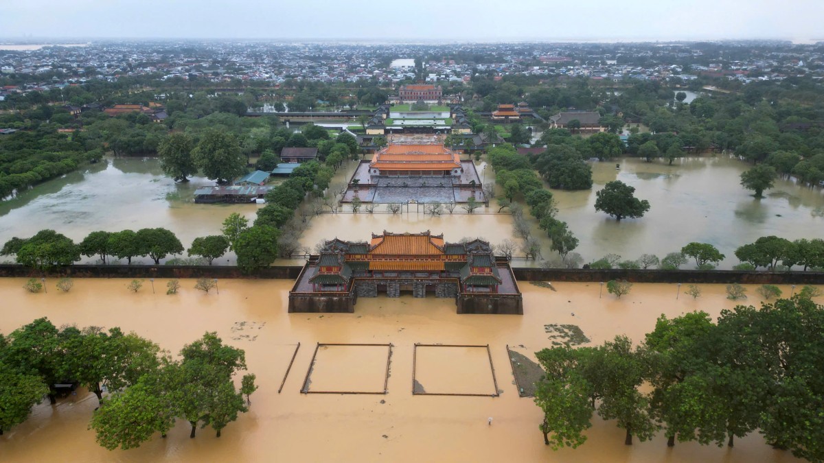 An aerial view shows floodwaters inundating the Imperial City in Hue on October 28, 2025. The central Vietnamese city of Hue recorded more than a metre of rainfall in a 24-hour period, smashing a national record set over two decades ago, the environment ministry said.