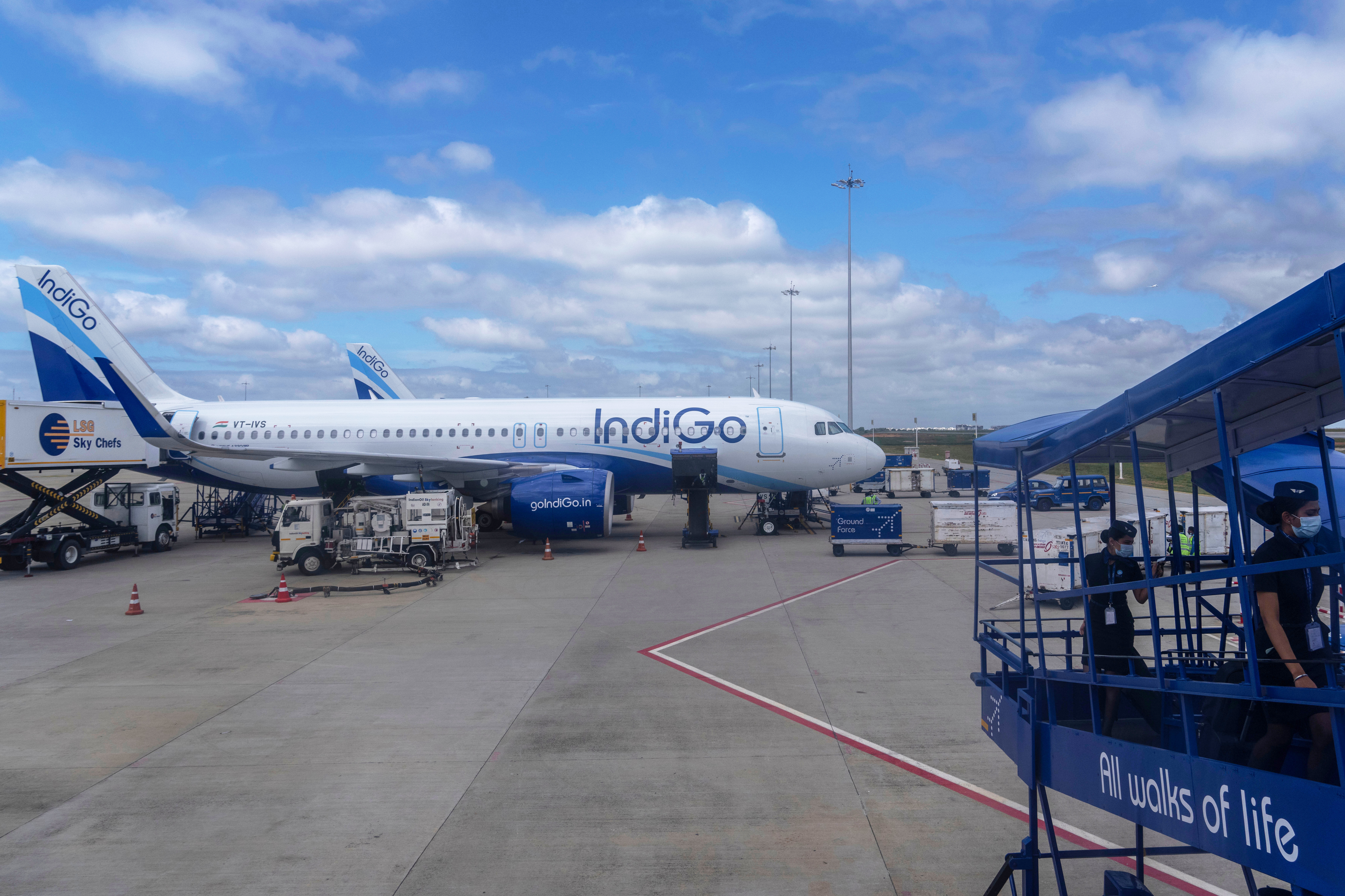 An aircraft of India's budget airline IndiGo is serviced.