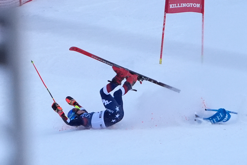 Mikaela Shiffrin, of the United States, crashes during the second run of a women's World Cup giant slalom skiing race