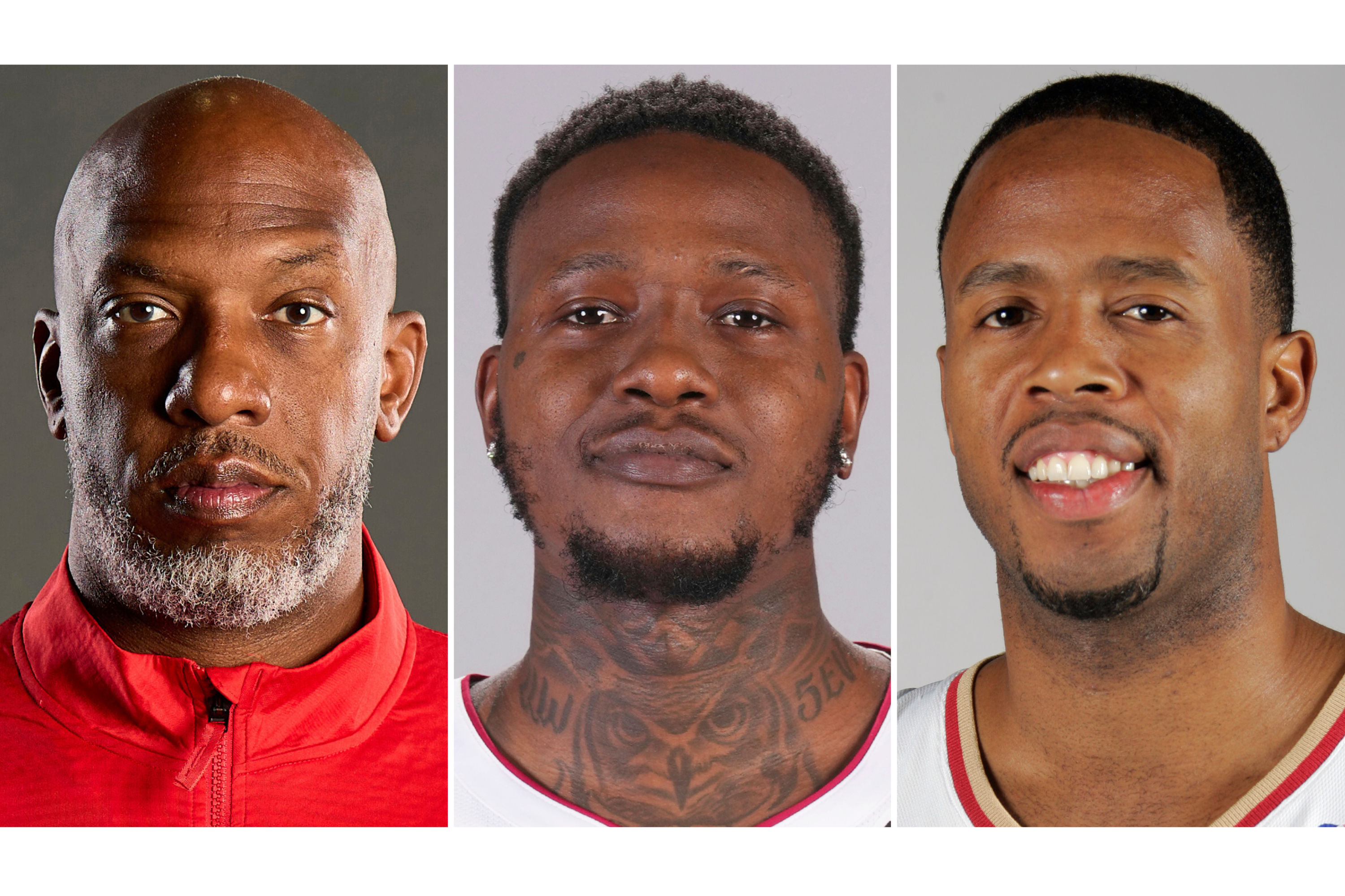 This combo of images shows, from left, Portland Trail Blazers head coach Chauncey Billups, Miami Heat guard Terry Rozier and former Cleveland Cavaliers' Damon Jones
