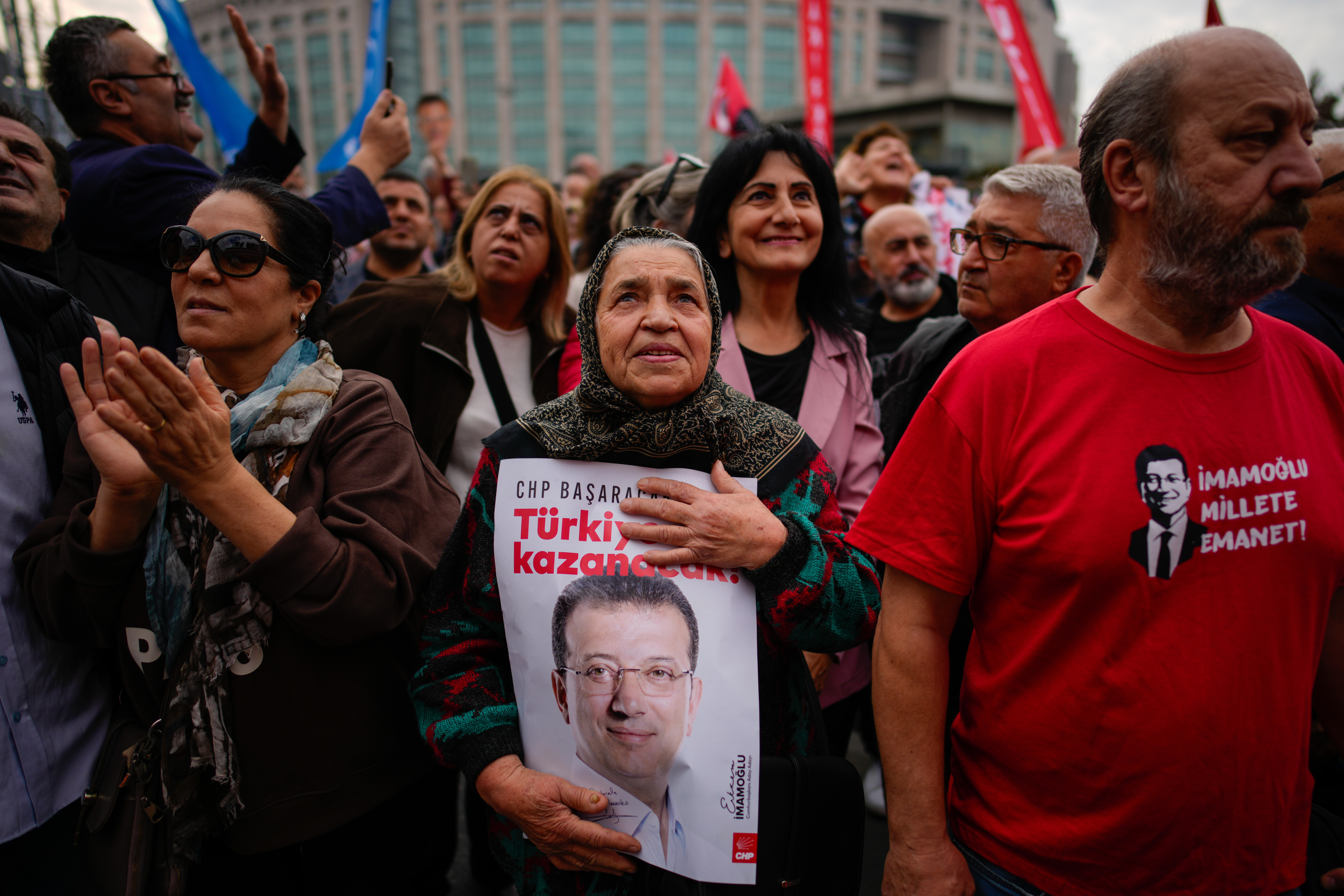 People listen to speeches during a rally in support of Istanbul's imprisoned opposition Mayor Ekrem Imamoglu in Istanbul, Turkey on October 26, 2025