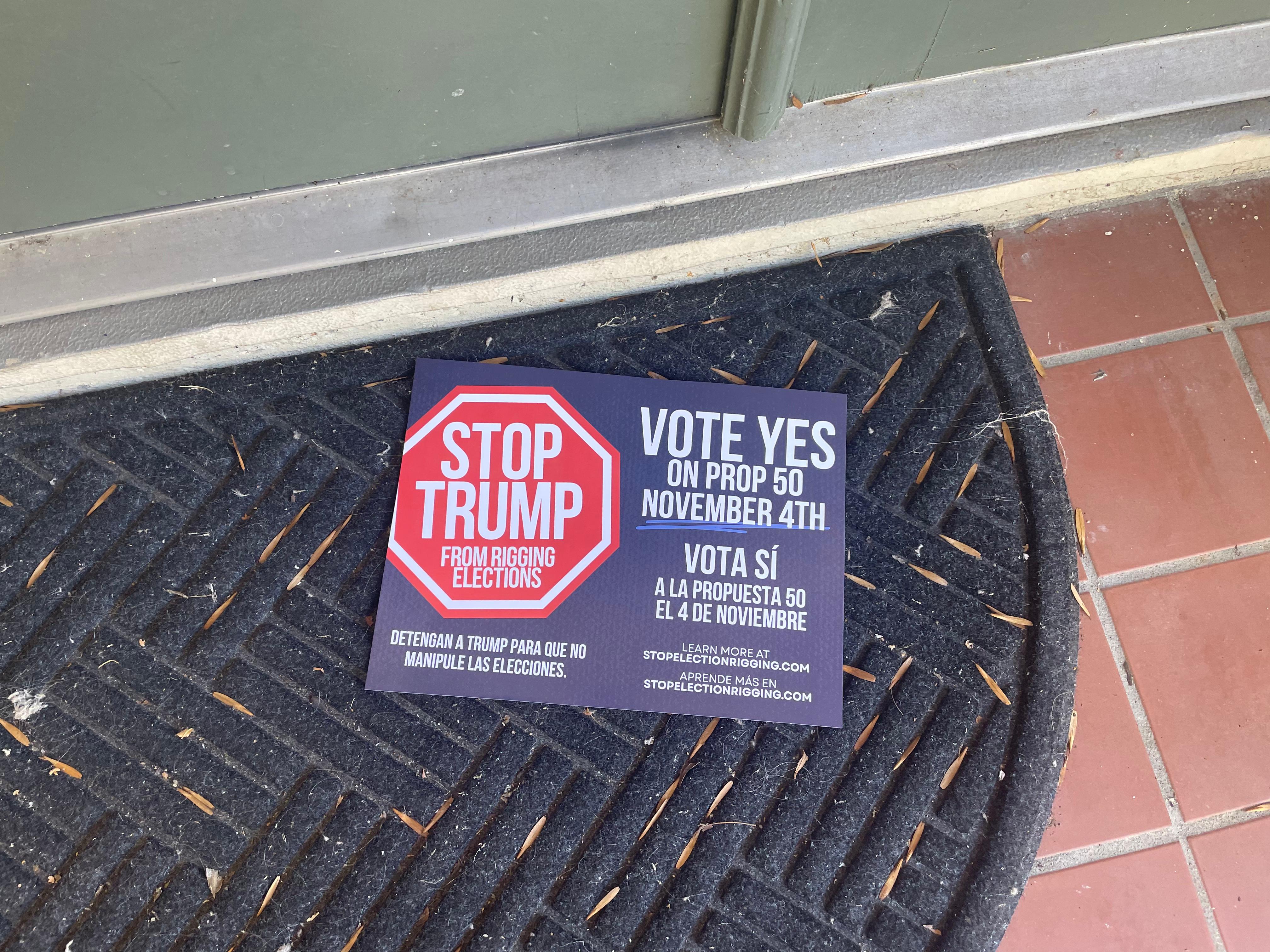 A flyer exhorts voters to support Proposition 50 in California