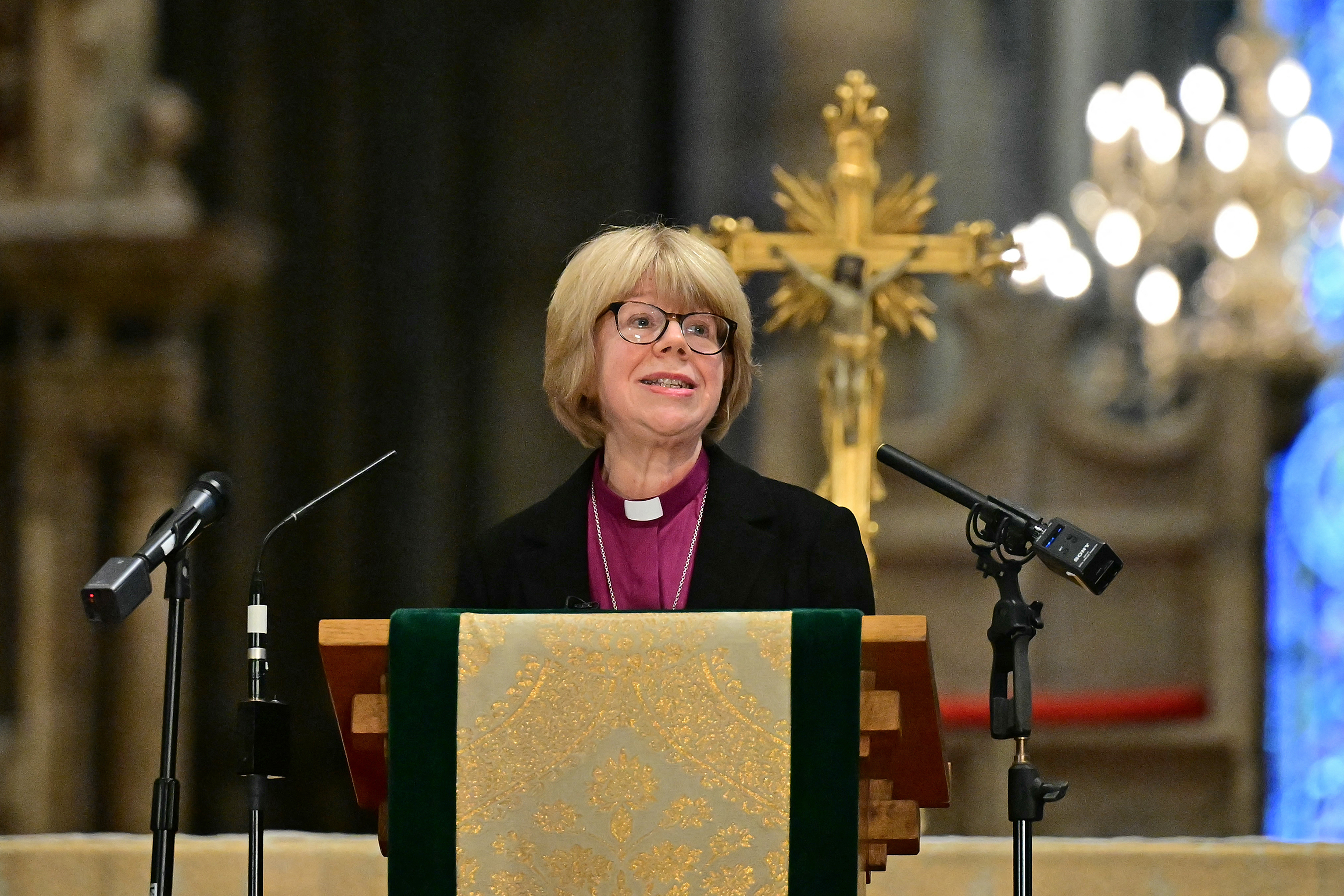 Britain's new Archbishop of Canterbury-designate, Sarah Mullally, speaks following the announcement of her posting, at Canterbury Cathedral in south east England on October 3, 2025.