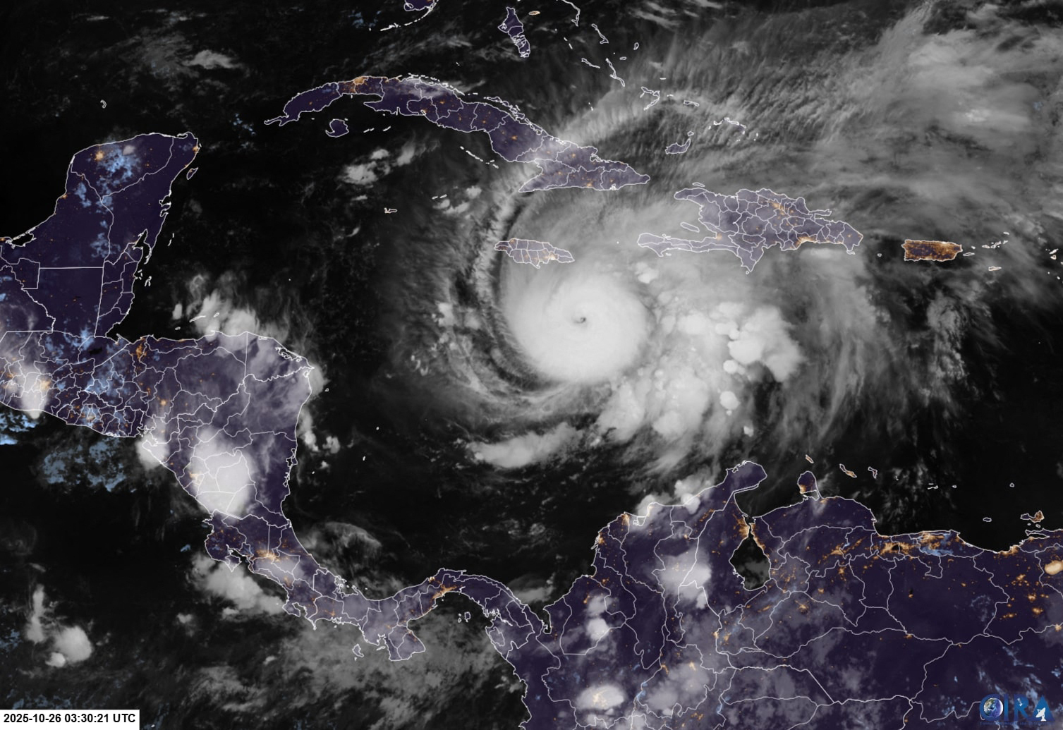 This RAMMB/CIRA handout satellite image shows Hurricane Melissa southeast of Jamaica at 03:30 UTC on October 26, 2025.