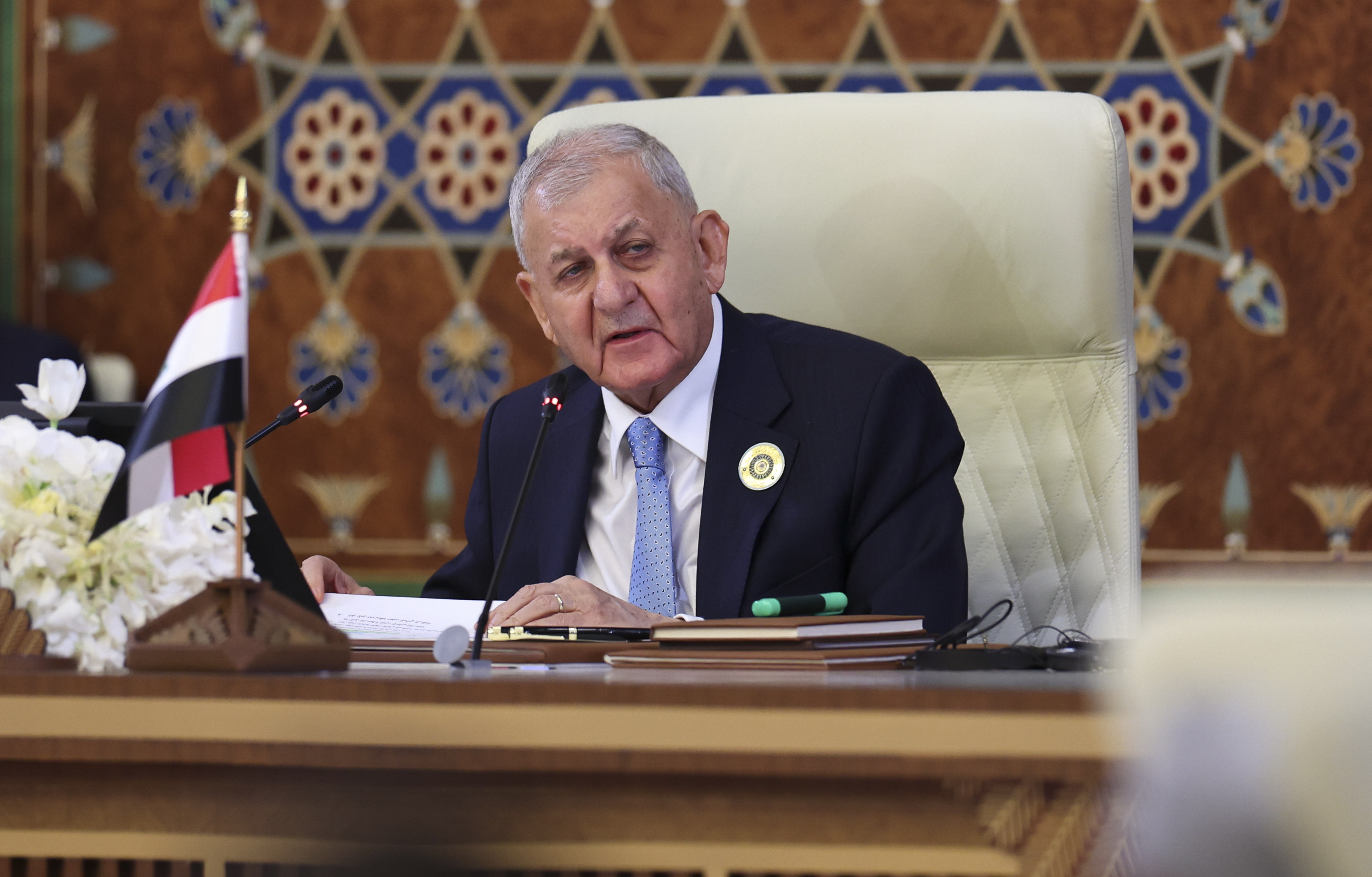 Iraqi President Abdul Latif Rashid attends the 34th Arab League summit, in Baghdad, Iraq, Saturday, May 17, 2025. (Thaier Al-Sudani/Pool via AP)