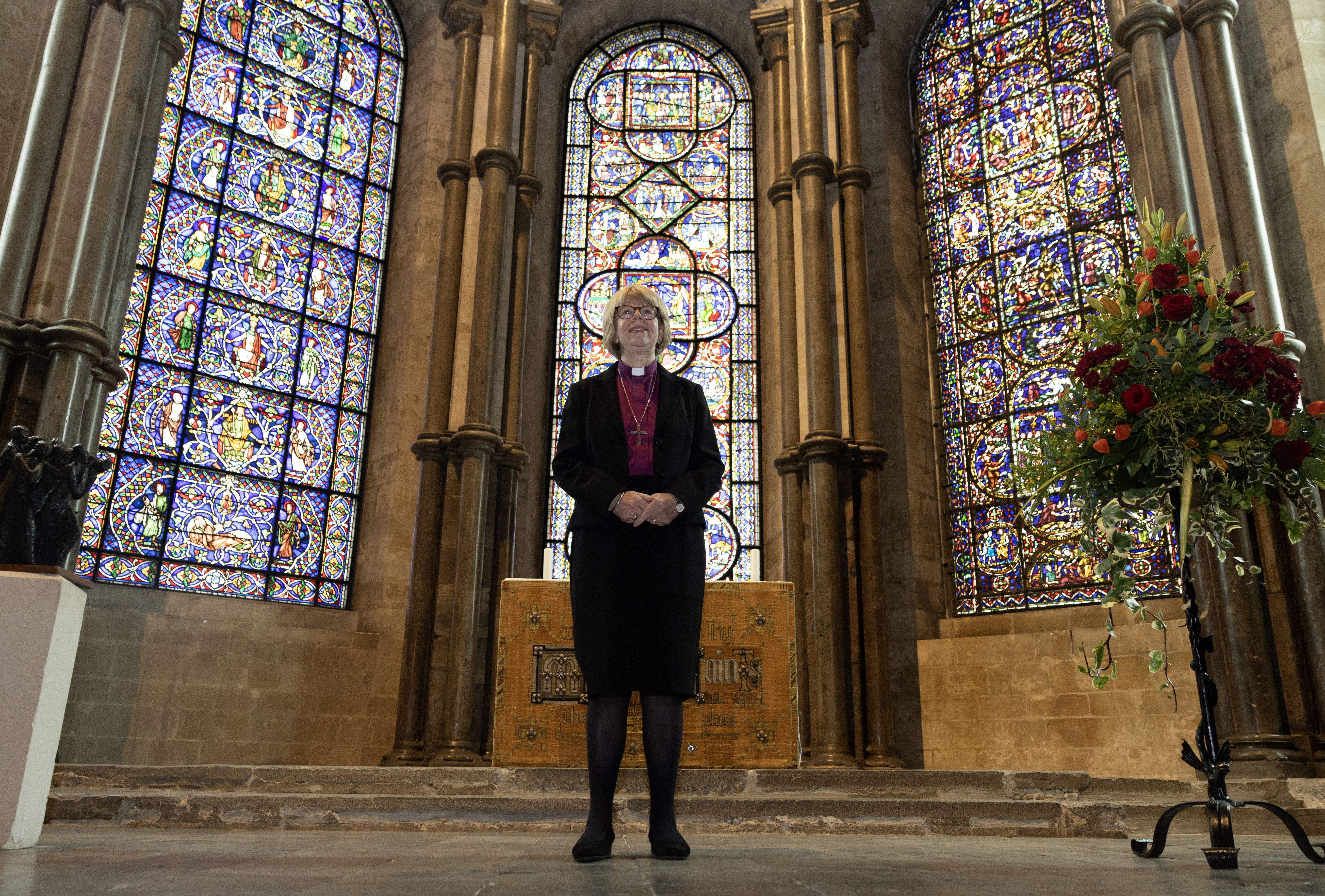 epa12427287 Dame Sarah Mullally poses for a portrait after being named the first woman Archbishop of Canterbury in the Church of England's nearly 500-year history at Canterbury Cathedral in Canterbury, Britain, 03 October 2025. The Archbishop of Canterbury is the head of the Church of England and the spiritual leader of the worldwide Anglican faith. Mullally becomes the 106th Archbishop of Canterbury following the resignation of her predecessor, Justin Welby, in November 2024 over his failure to report prolific child abuser John Smyth. EPA/NEIL HALL