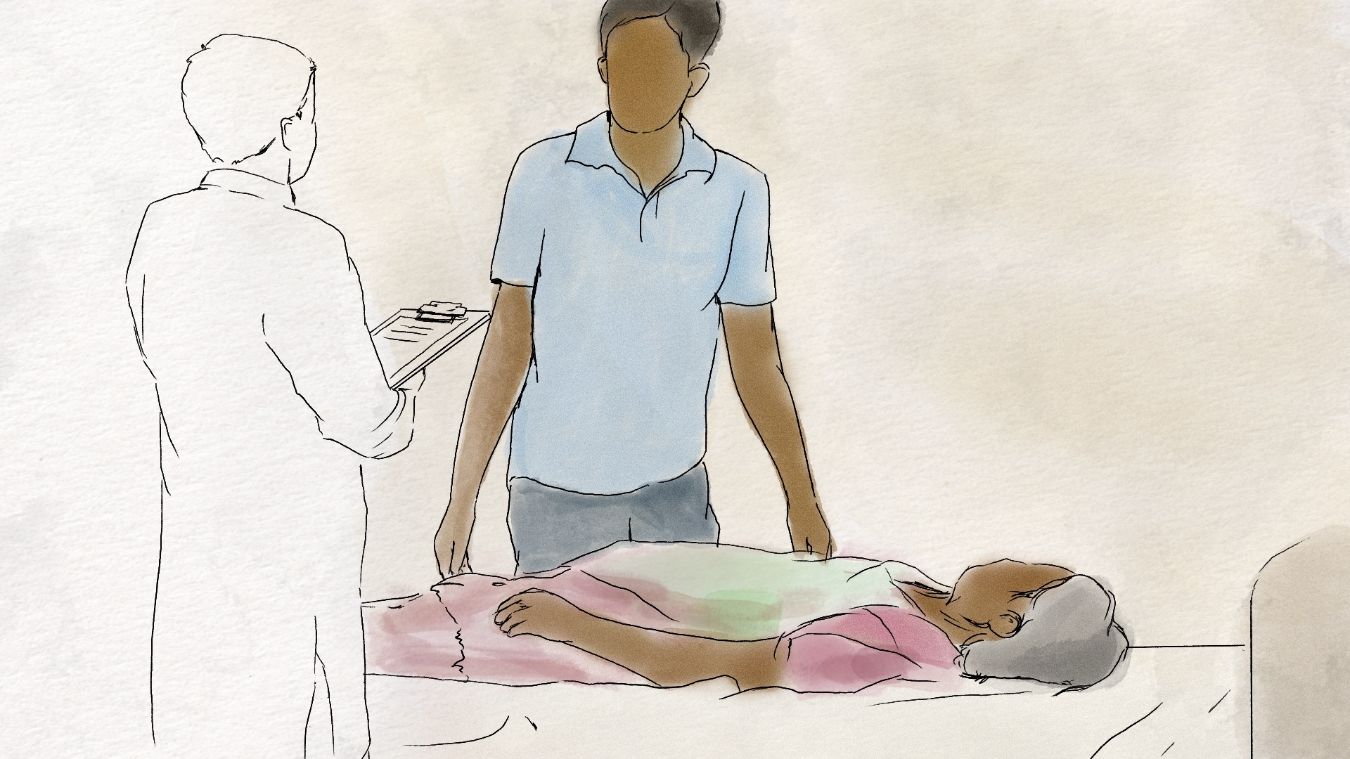 A drawing of a man and a doctor near a woman lying on a bed.