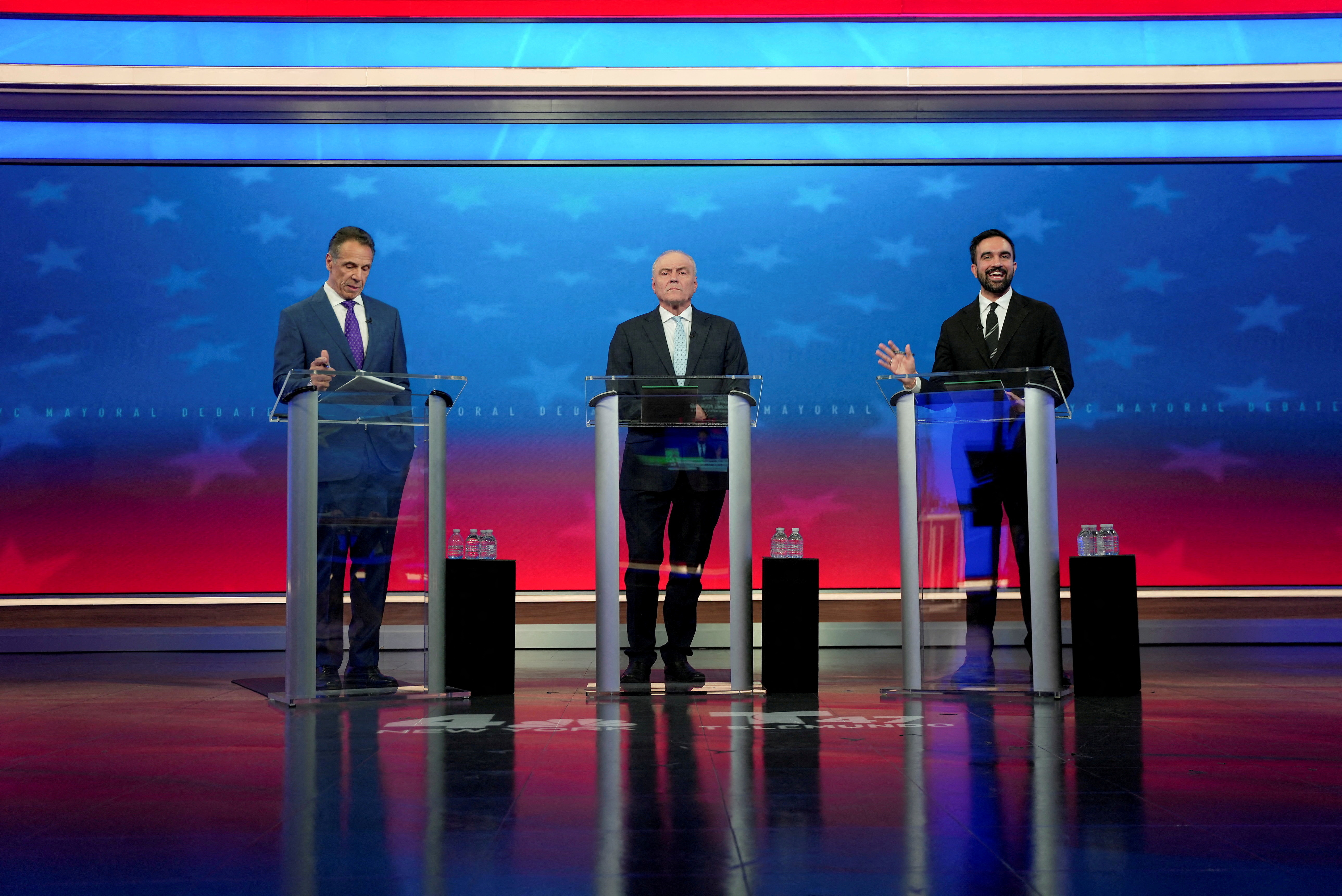 FILE PHOTO: Democratic candidate Zohran Mamdani speaks during a mayoral debate with Republican candidate Curtis Sliwa and independent candidate former New York Gov. Andrew Cuomo, in New York, U.S., October 16, 2025. Angelina Katsanis/Pool via REUTERS/File Photo