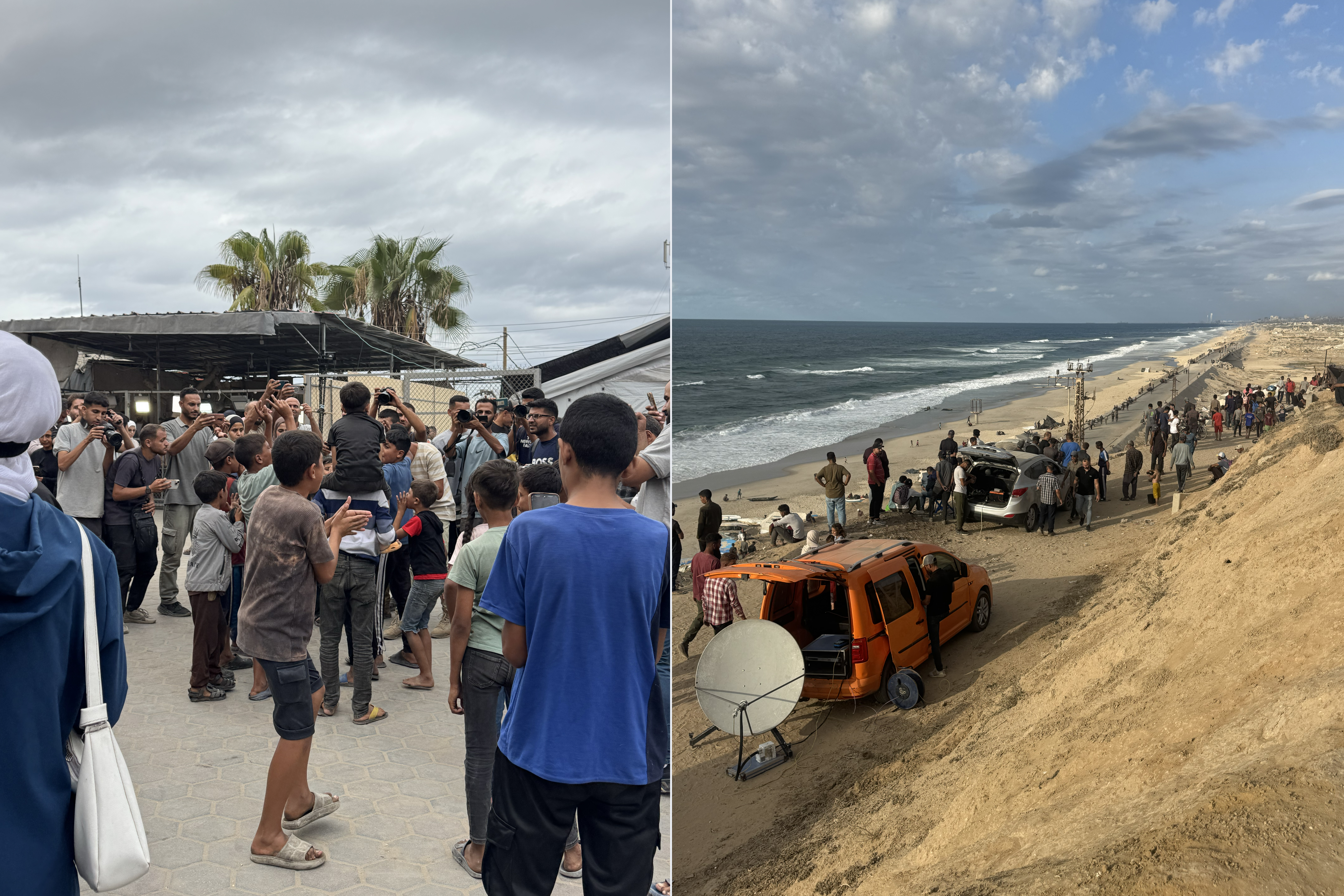 Journalists and families gather in the courtyard of the Al-Aqsa Martyrs Hospital in Deir al-Balah to await details of the ceasefire [Photo: Abdelhakim Abu Riash]
