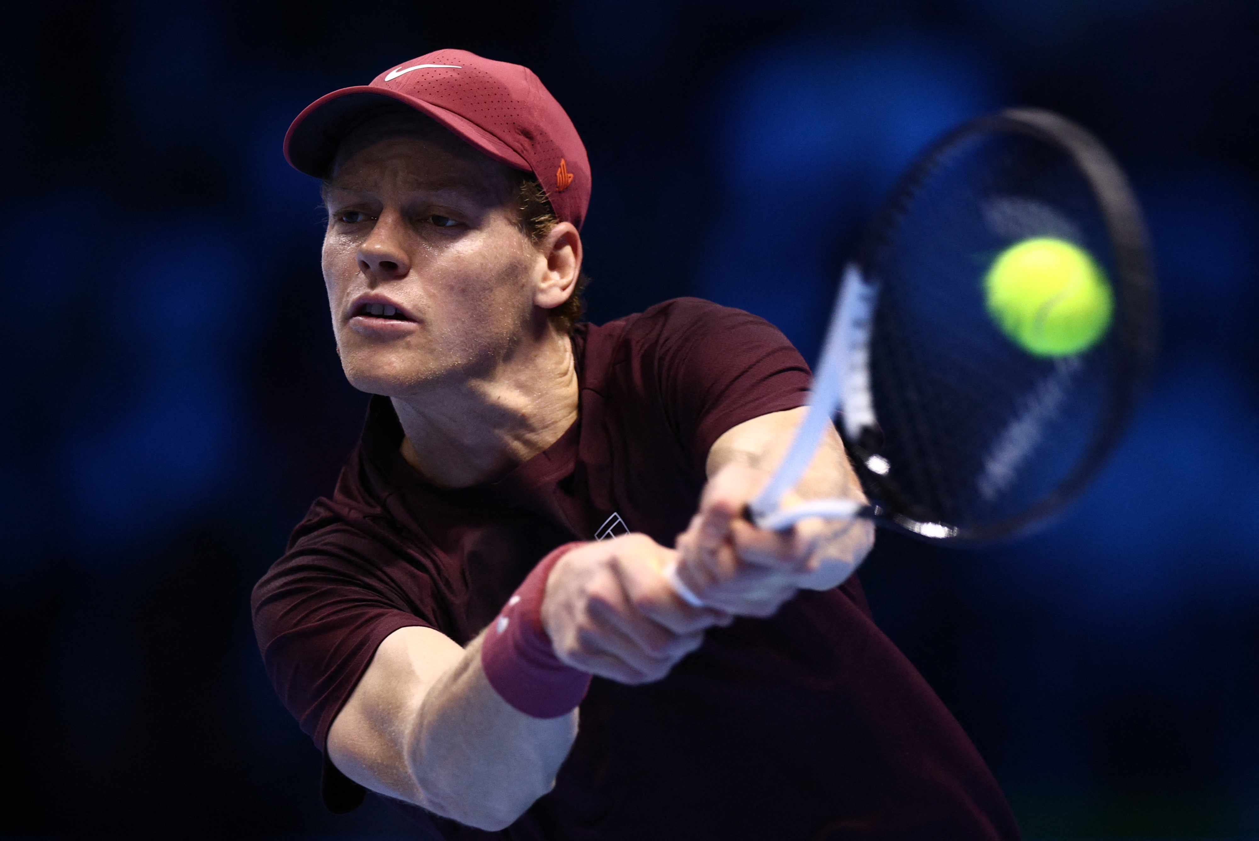 Italy's Jannik Sinner in action during his group stage match against Ben Shelton of the US at the ATP Finals at Palasport Olimpico, Turin, Italy on November 14, 2025 [Guglielmo Mangiapane/Reuters]