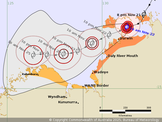 The forecast path, issued at 11:39 am CST, shows the most likely direction and strength for Tropical Cyclone Fina. (Supplied: The Bureau of Meteorology)
