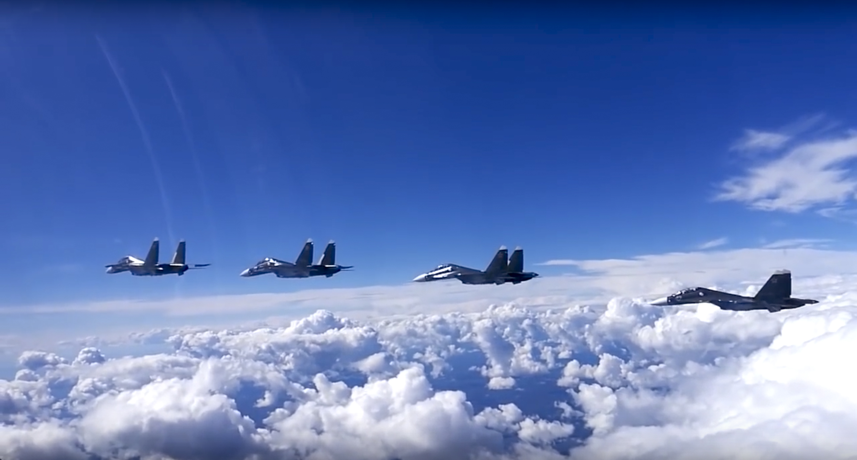 The Russian air force's Su-30s fighter jets fly during maneuvers in southern Russia.