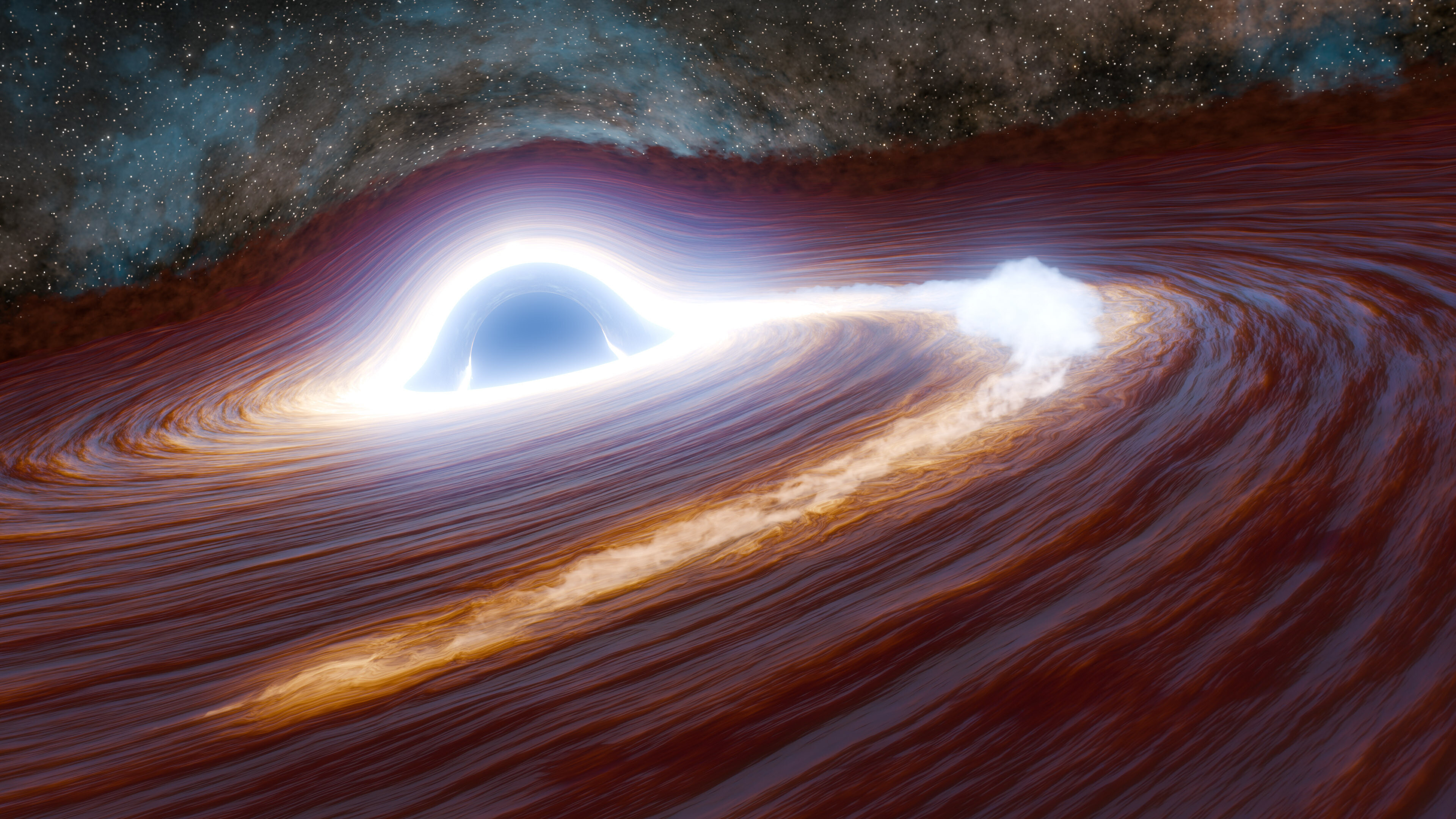 This illustration provided by Caltech shows a supermassive black hole shredding a large star to pieces, leading to a bright flare.